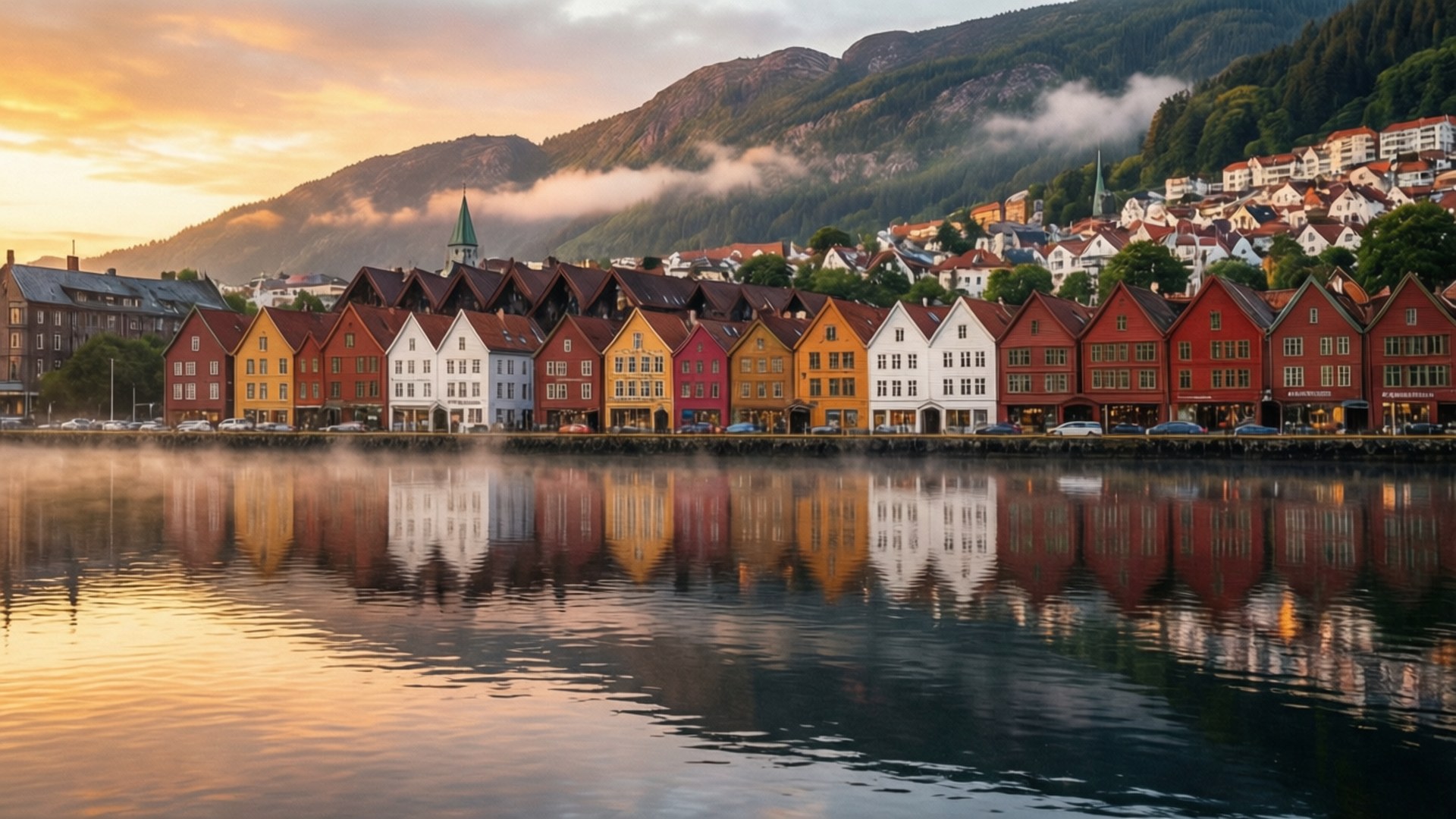 sunrise, Bryggen, colorful facades, Full HD Desktop Wallpaper