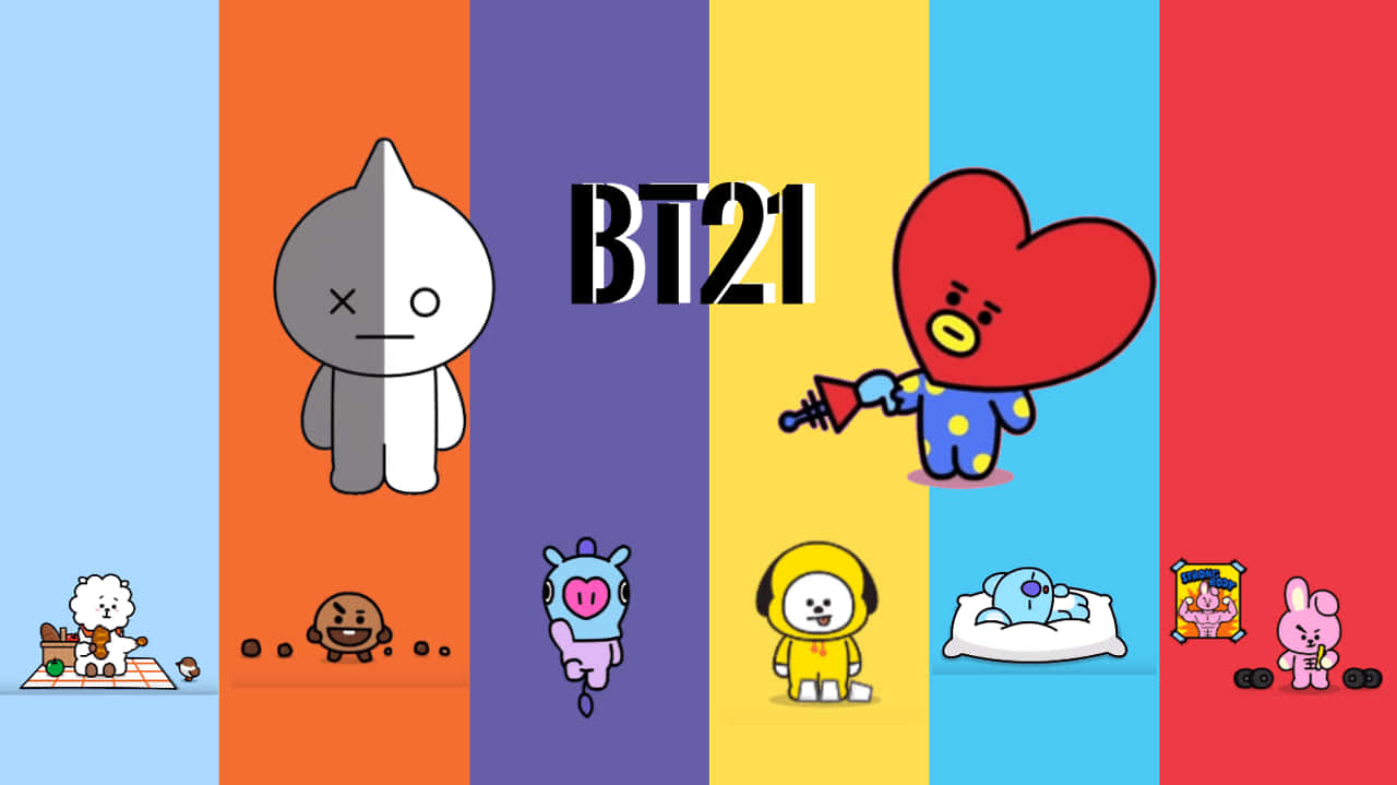 BT21, cartoon characters, colorful vertical stripes, HD Desktop Wallpaper
