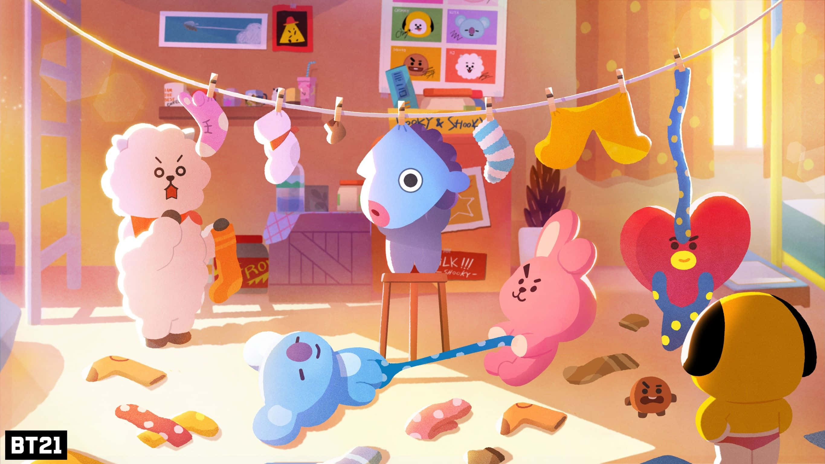 BT21, cartoon characters, sunlit room, 2K Desktop Wallpaper