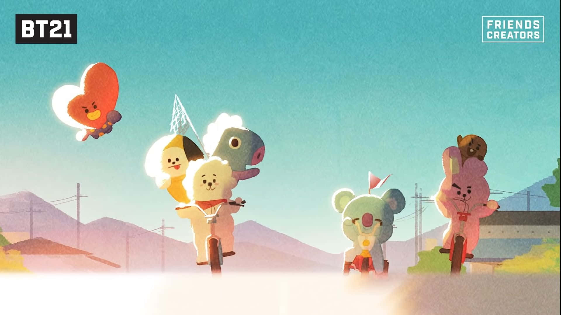 BT21, cartoon characters, bicycles, Full HD Desktop Wallpaper