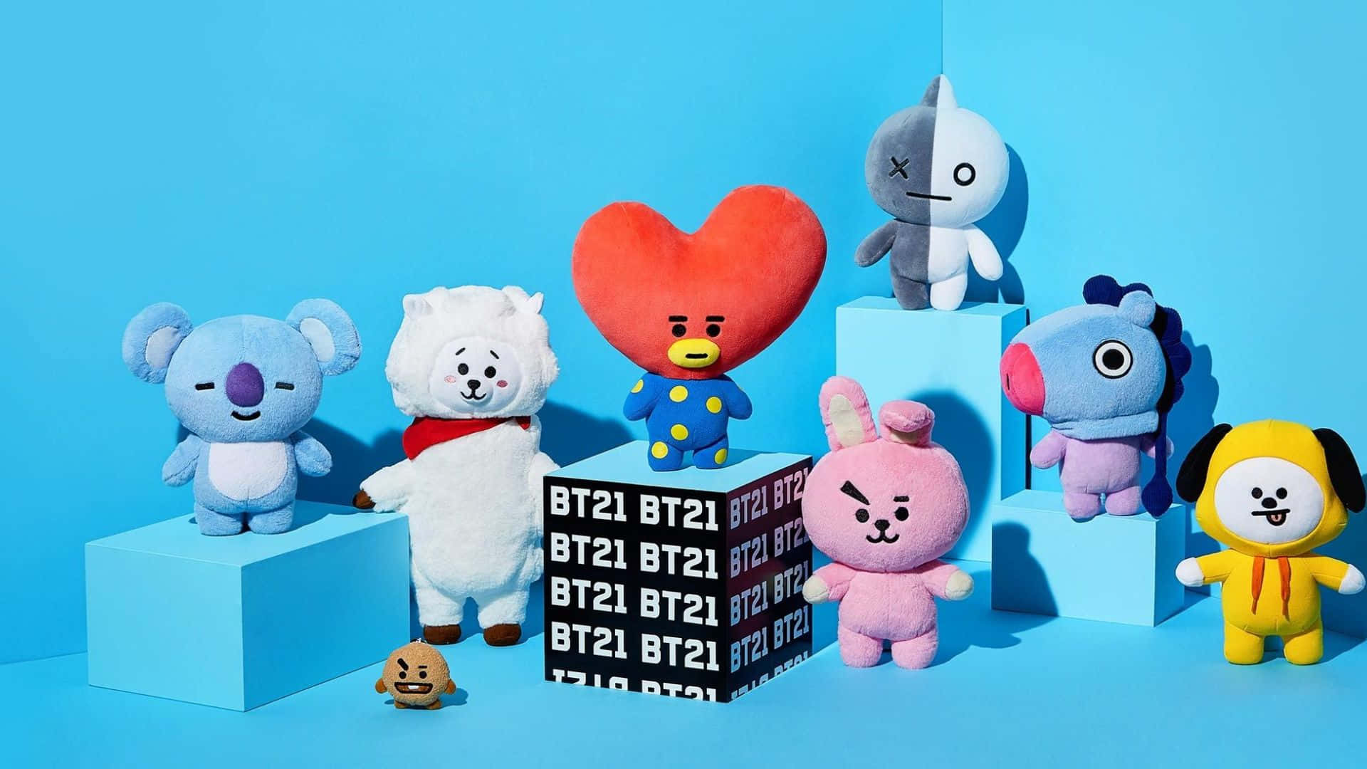 BT21, plushie, blue blocks, Full HD Desktop Wallpaper