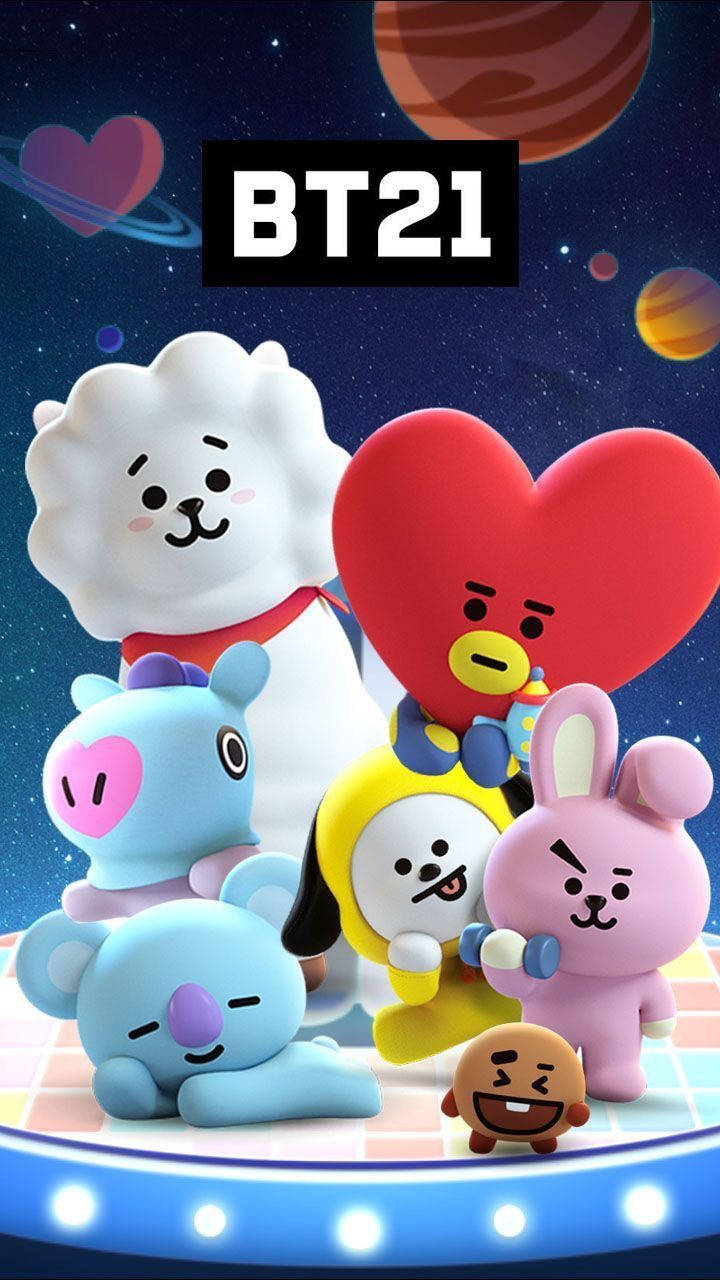 BT21, glowing stage, colorful cosmic backdrop, HD Phone Wallpaper