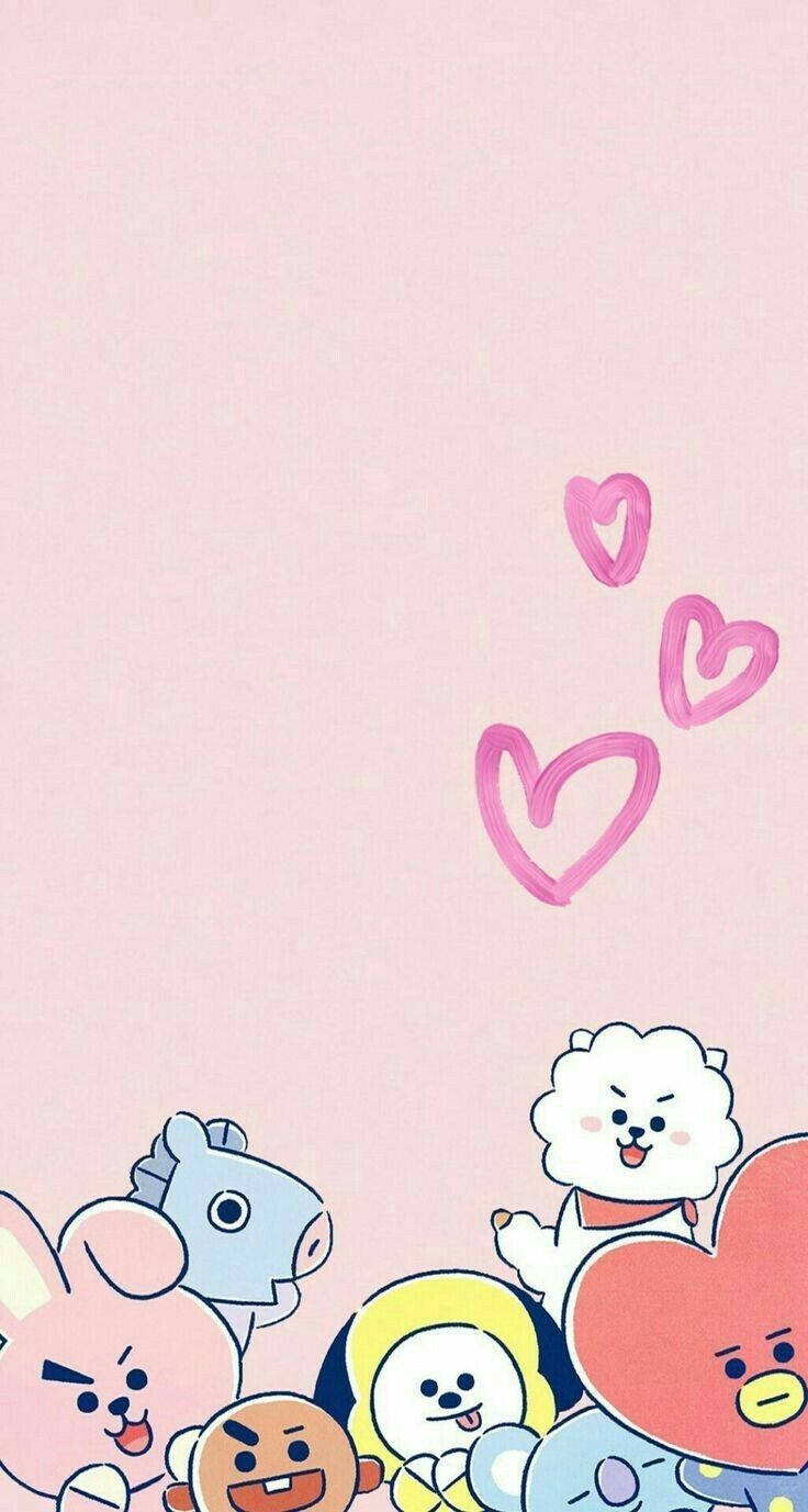 BT21, hearts, soft pink background, HD Phone Wallpaper