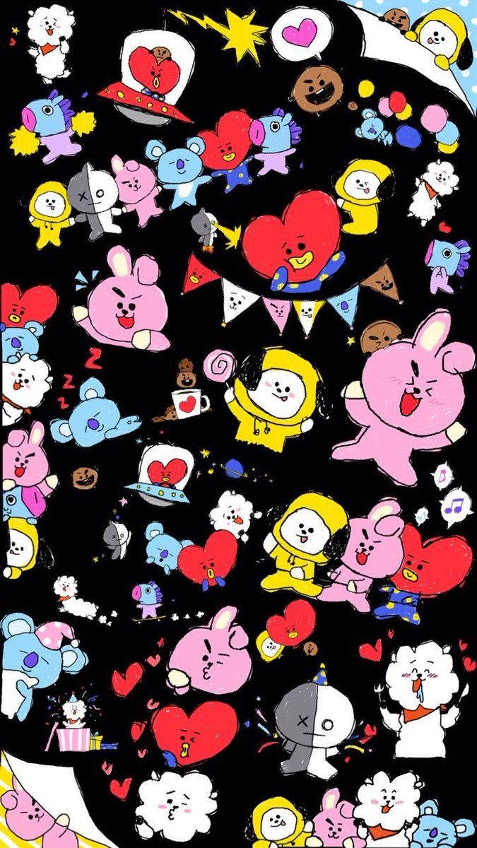 BT21, doodle art, colorful BT21 cartoon characters, SD Phone Wallpaper