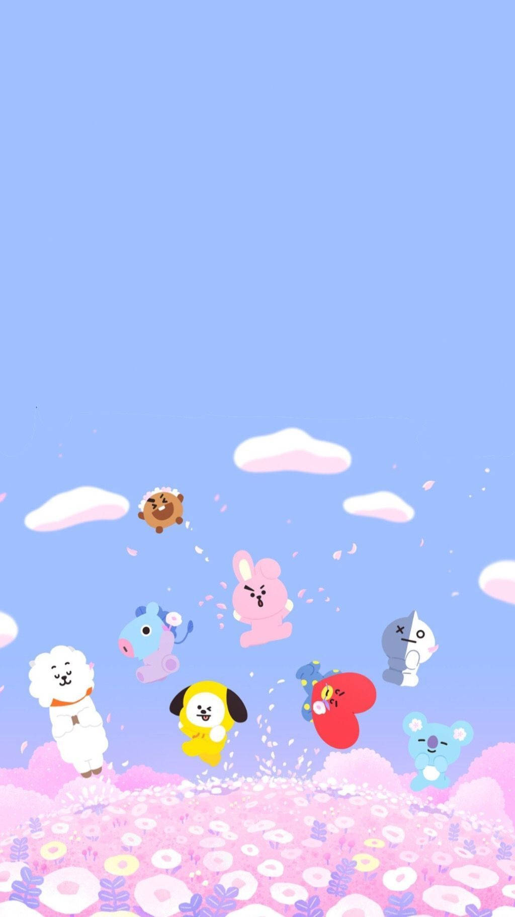 BT21, cute BT21 characters, pink flowers, HD Phone Wallpaper