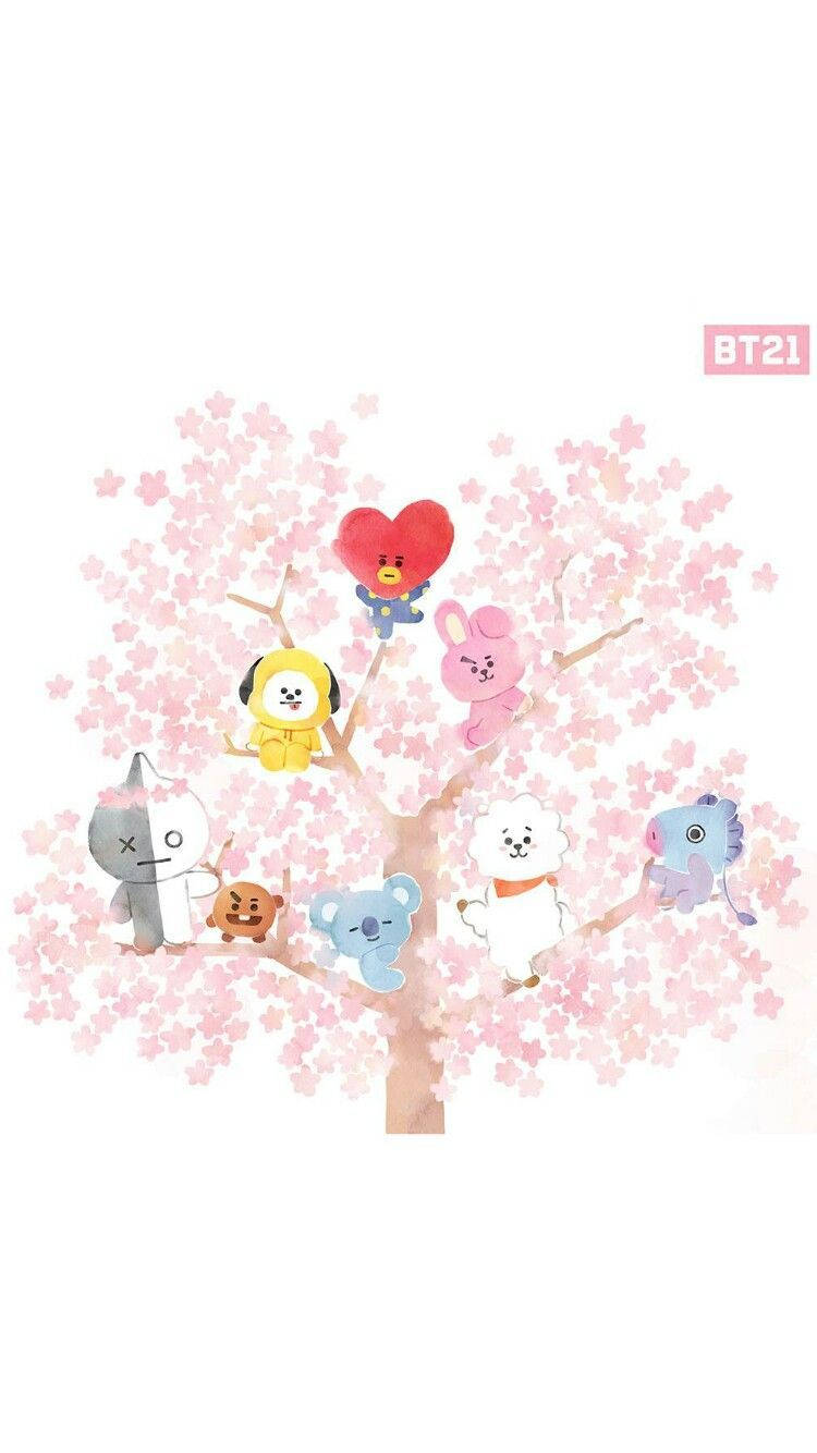 BT21, cherry blossom, pink cherry blossoms, HD Phone Wallpaper