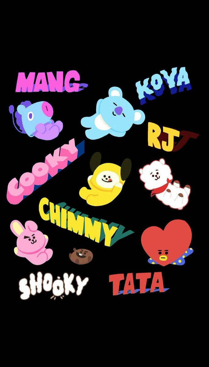 BT21, colorful cartoon characters, black background, SD Phone Wallpaper