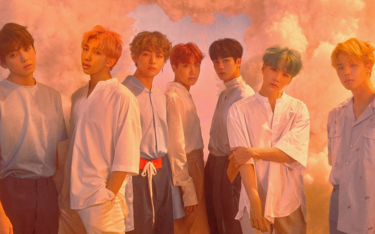BTS, aesthetic filter 2020, pink and orange cloud backdrop, HD Desktop Wallpaper