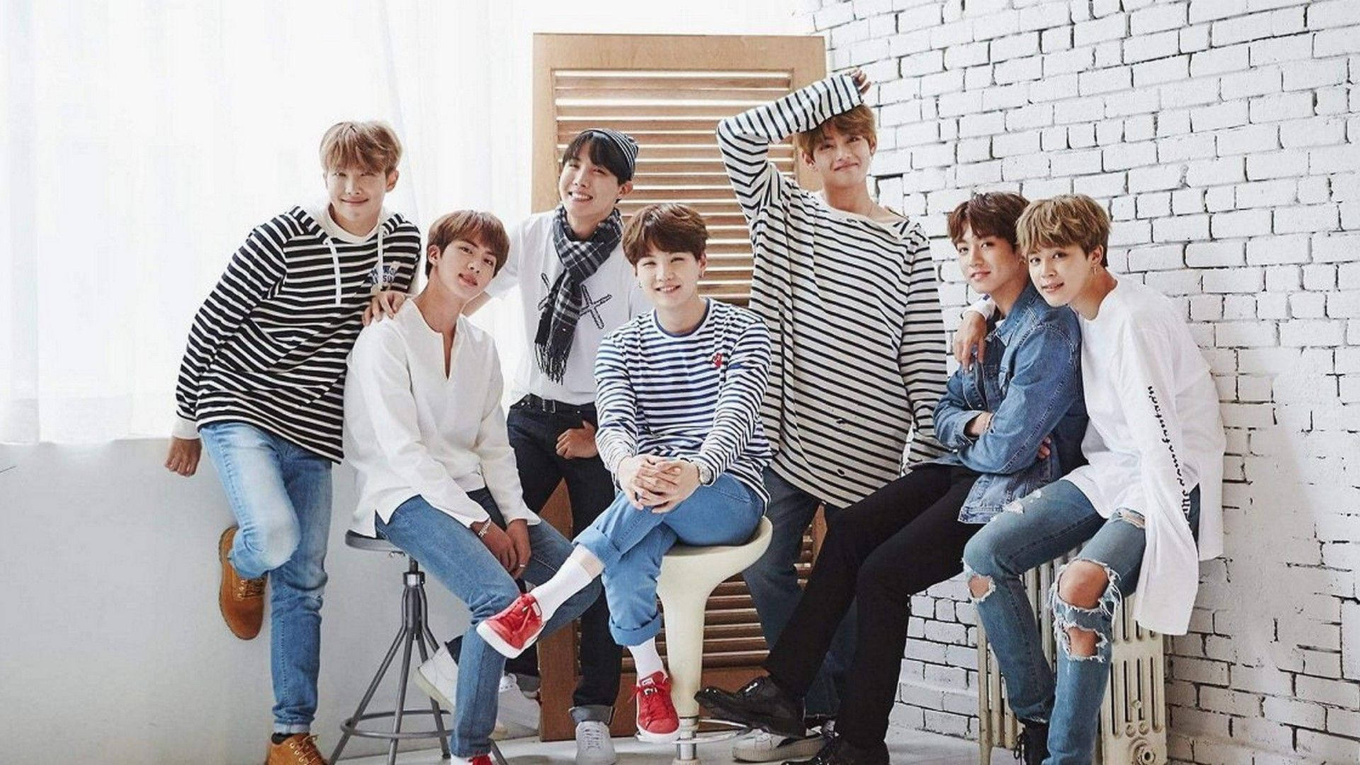 BTS, brick wall, striped and denim outfits, Full HD Desktop Wallpaper
