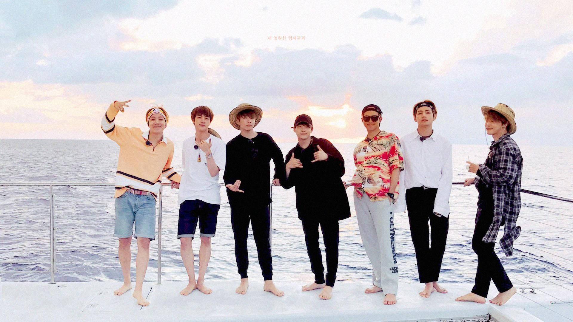 BTS, boat deck, sunset sky, Full HD Desktop Wallpaper
