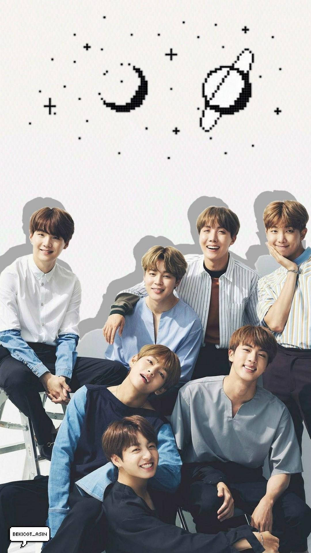 BTS 2020, pixelated moon planet, stars, Full HD Phone Wallpaper