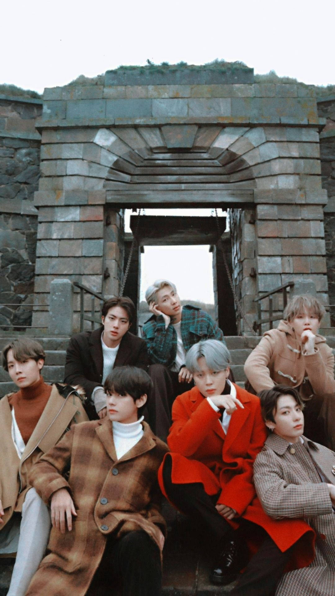 BTS 2020, stone steps, weathered stone archway, Full HD Phone Wallpaper