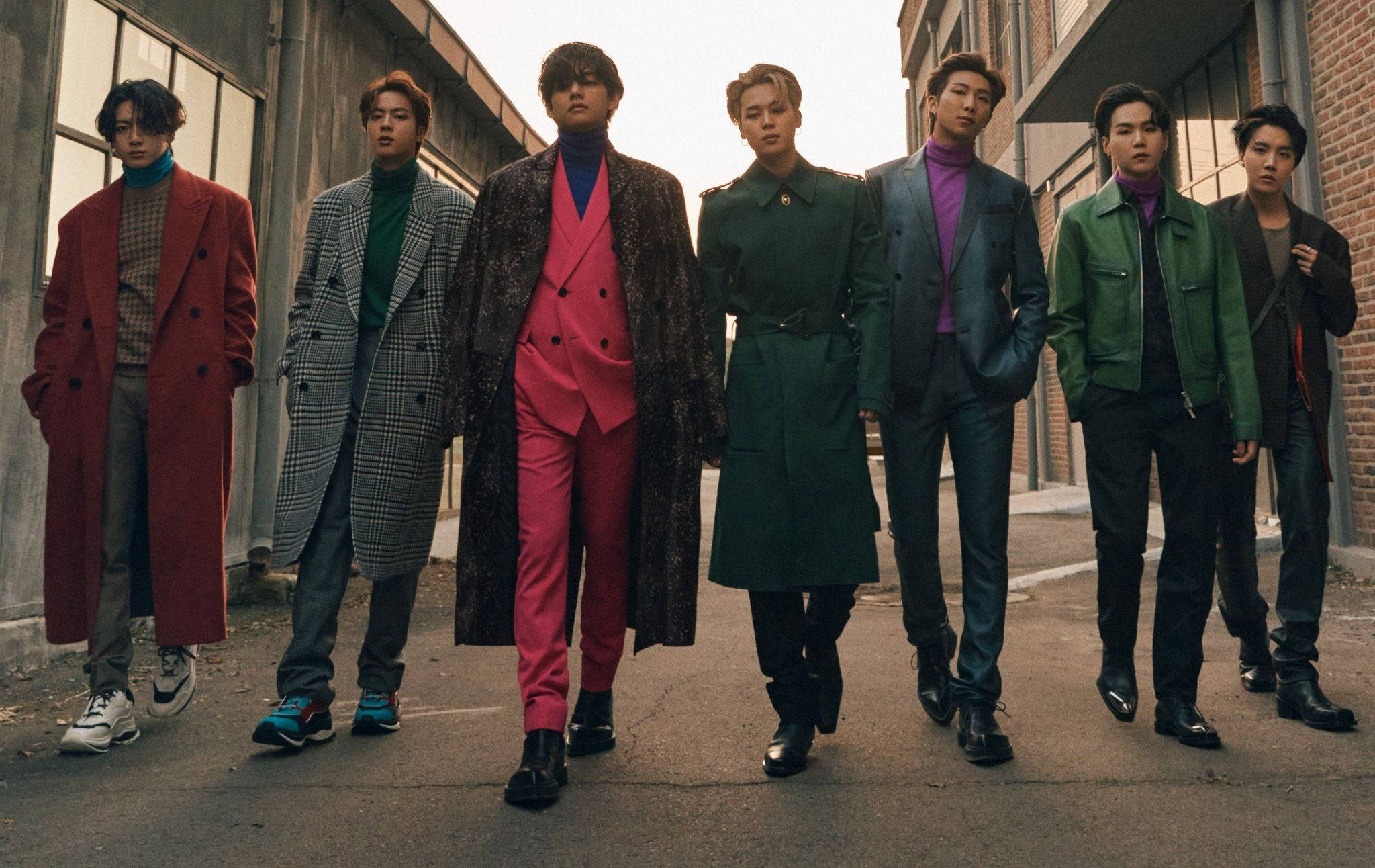 BTS 2021, Seven stylish men, bold colored coats, Full HD Desktop Wallpaper