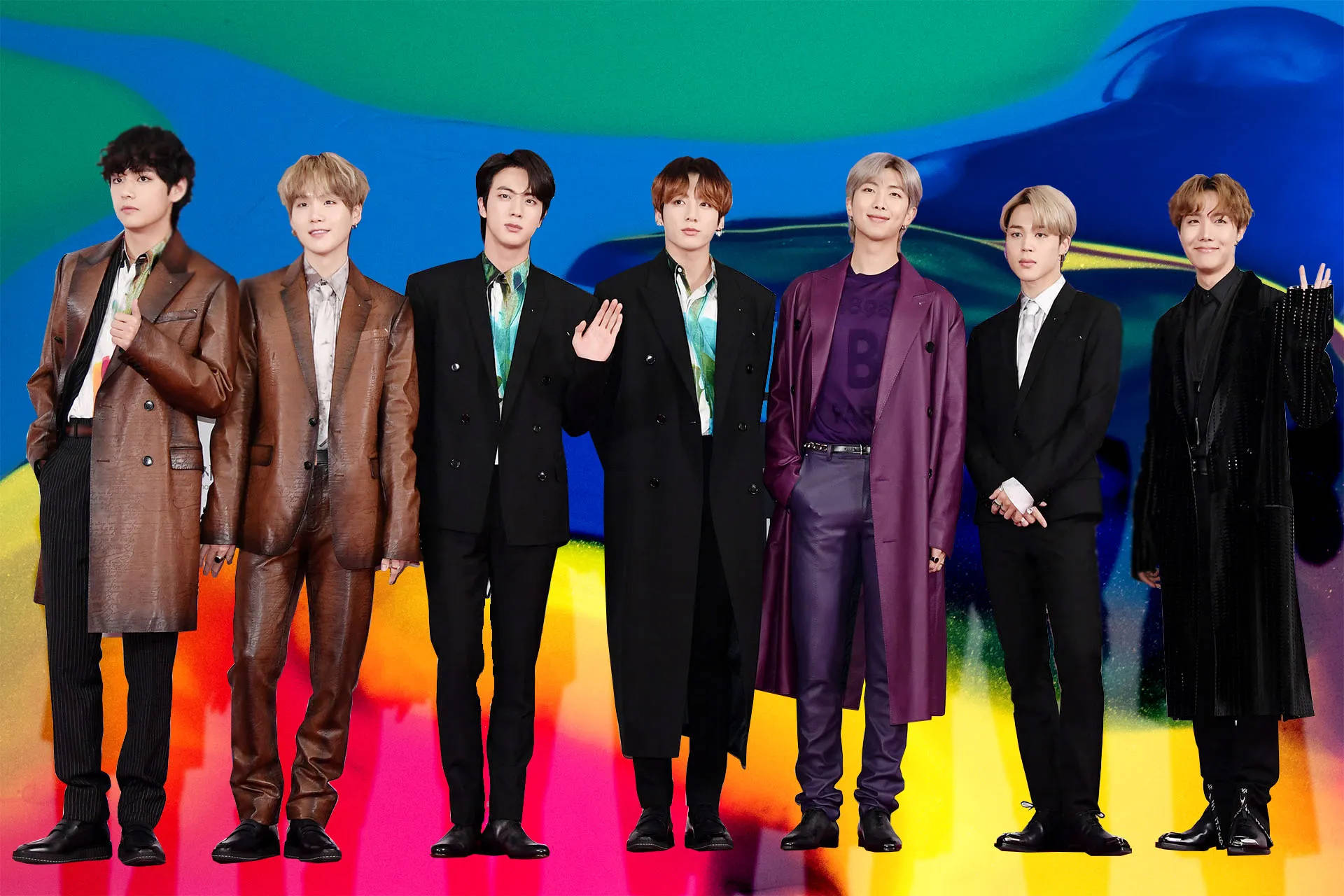 BTS, rainbow backdrop, stage, Full HD Desktop Wallpaper