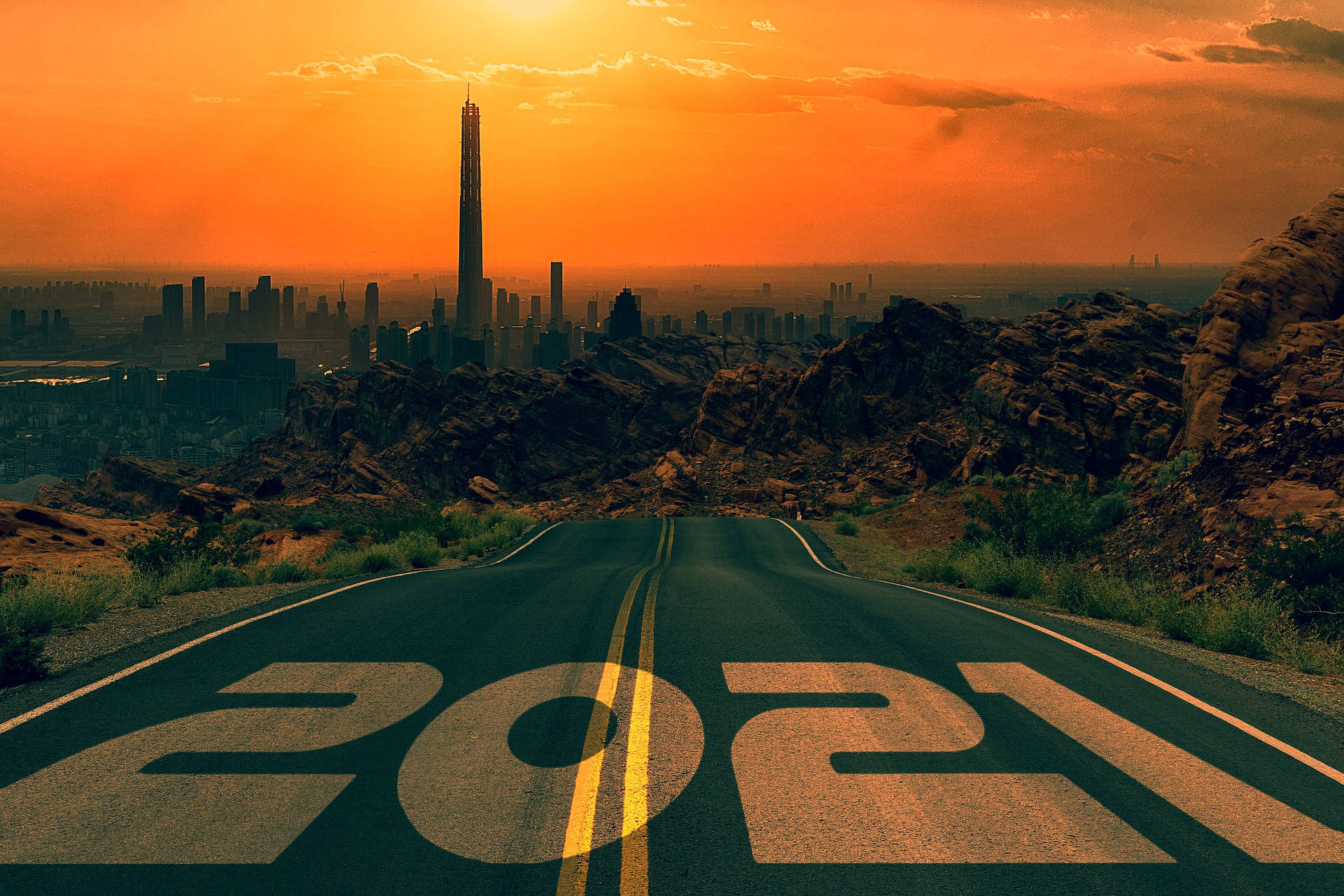 2021, winding road, futuristic city skyline, Full HD Desktop Wallpaper