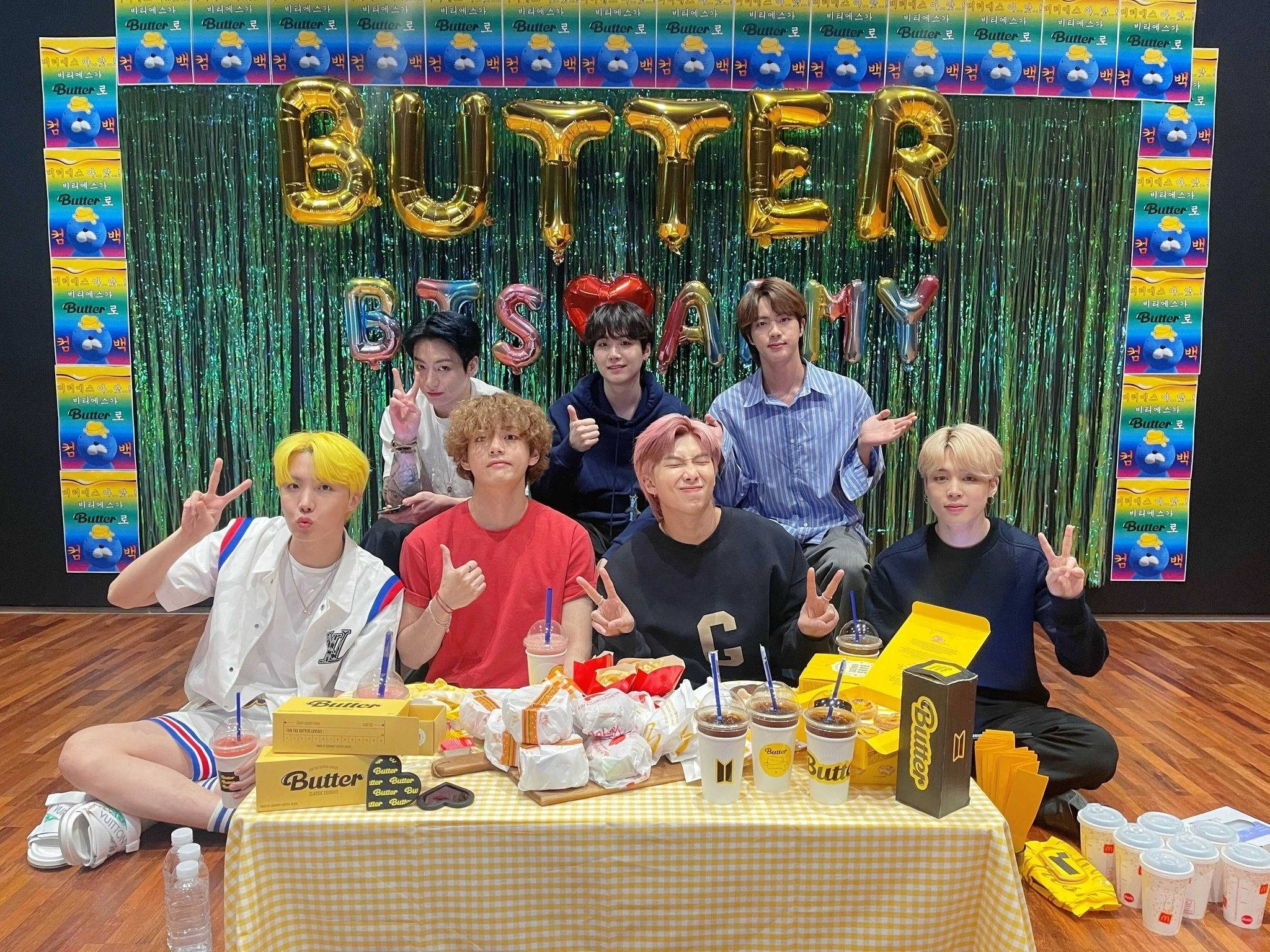 BTS 2021, Butter-themed snacks and drinks, glittering green backdrop, Full HD Desktop Wallpaper