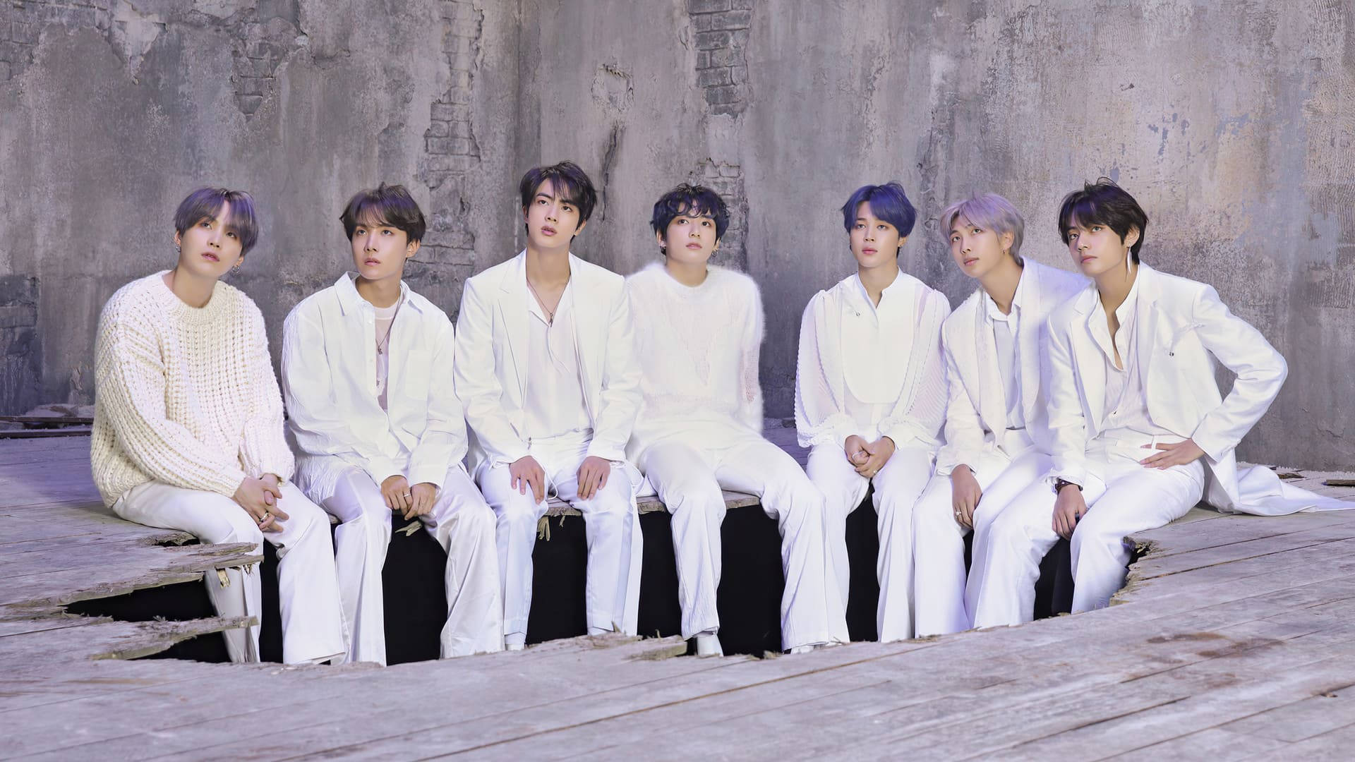 BTS 2021, white outfits, wooden platform, Full HD Desktop Wallpaper