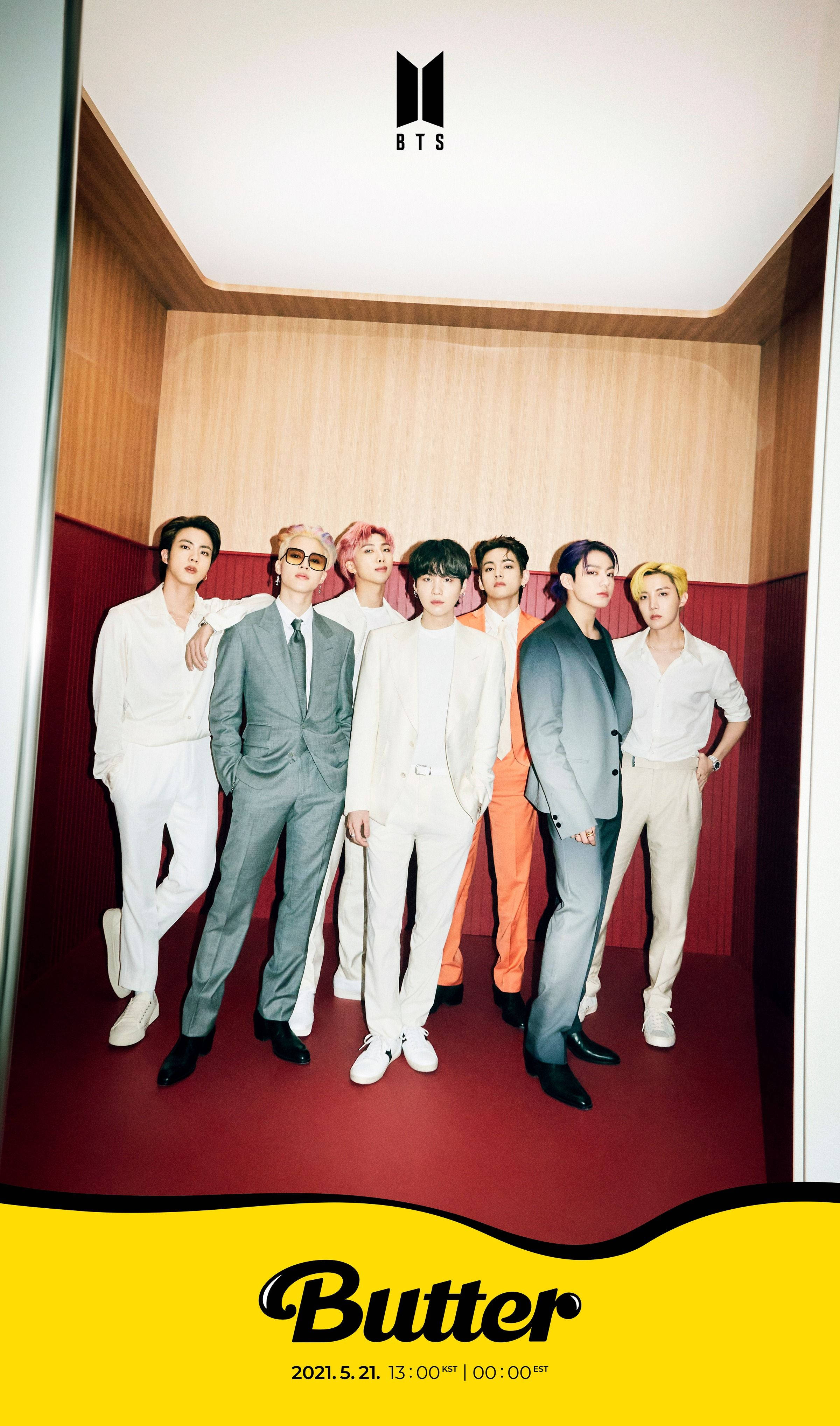 BTS 2021, wooden and red room, bold yellow Butter banner, 4K Phone Wallpaper
