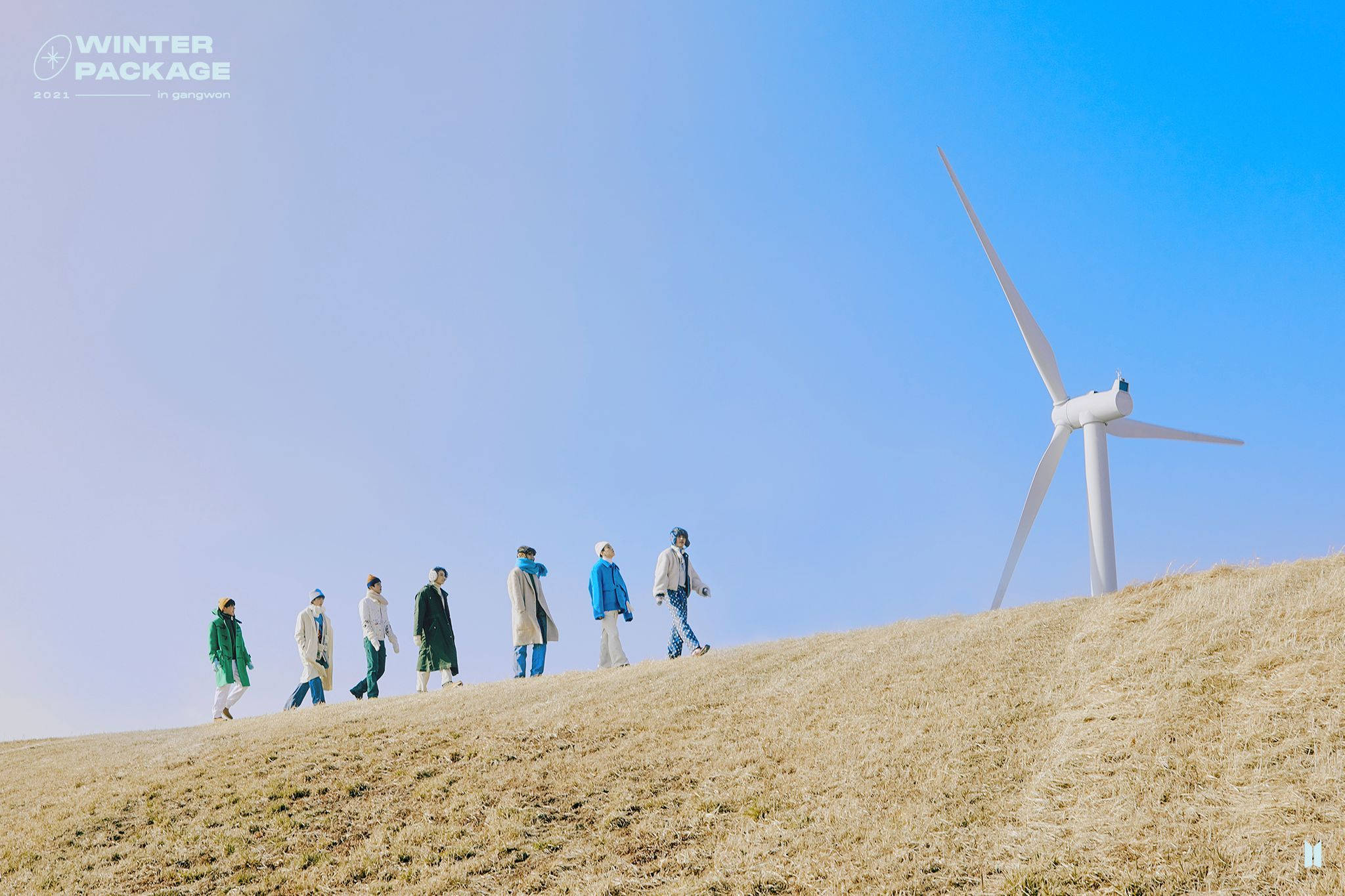 BTS 2021, grass hill, winter coats, Full HD Desktop Wallpaper