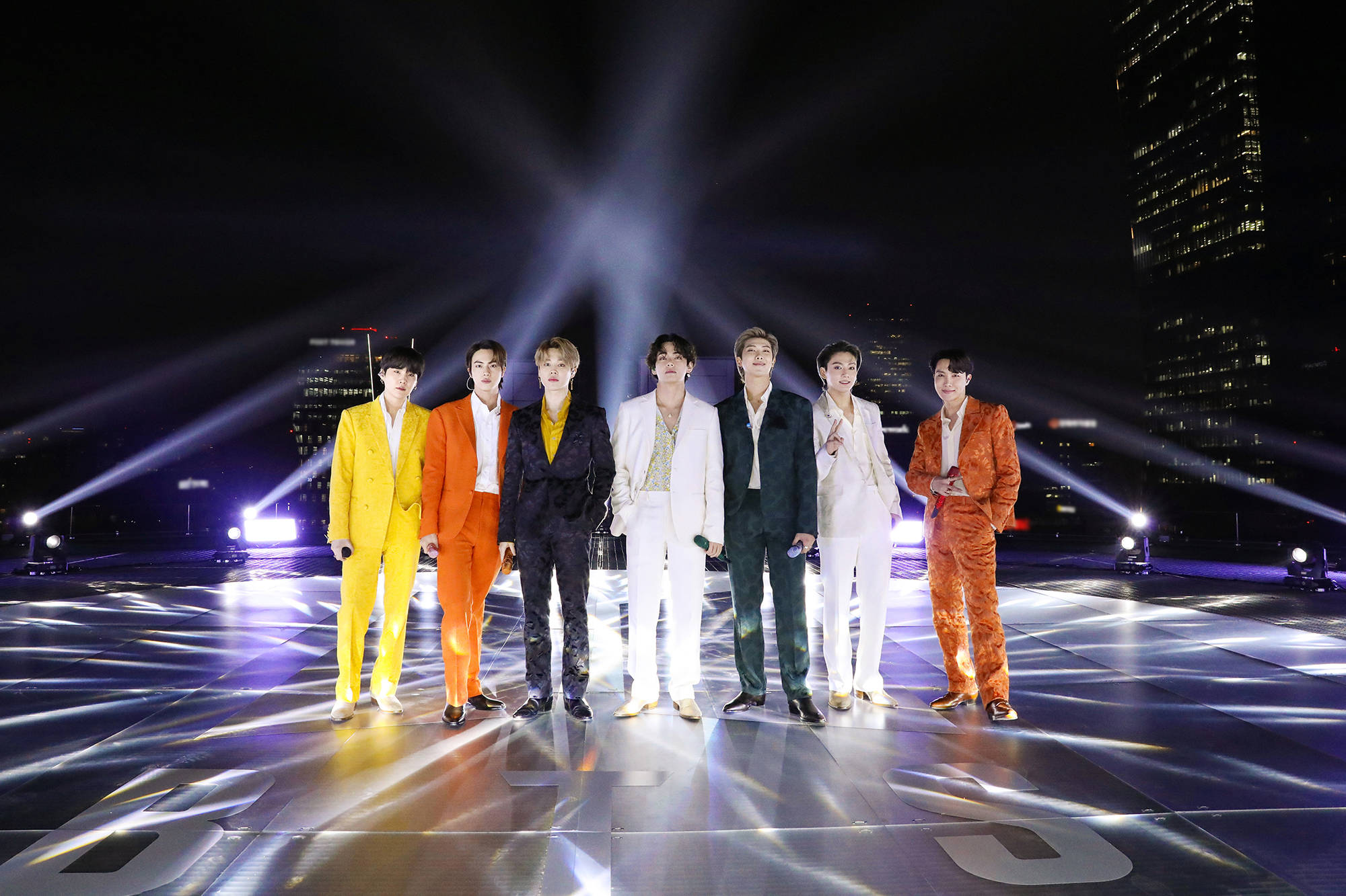 BTS 2021, rooftop stage, glowing stage, Full HD Desktop Wallpaper