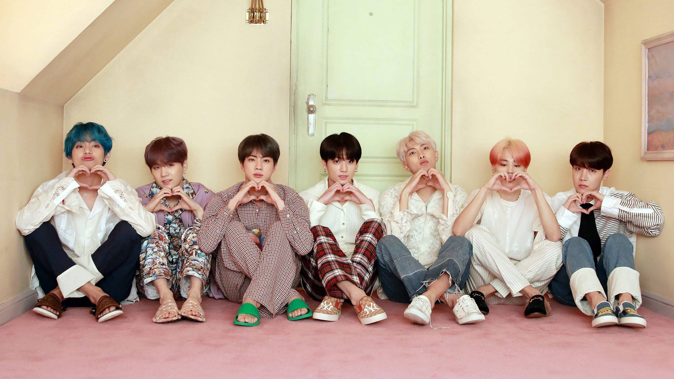 BTS 2021, heart hands, colorful hair, 2K Desktop Wallpaper