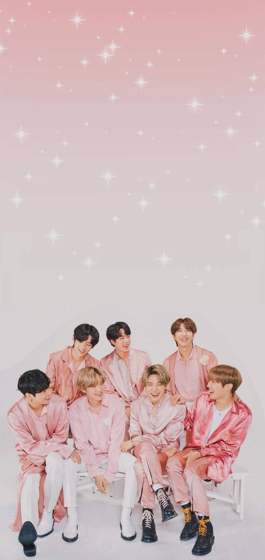 BTS 2020, pink satin outfits, white bench, Full HD Phone Wallpaper
