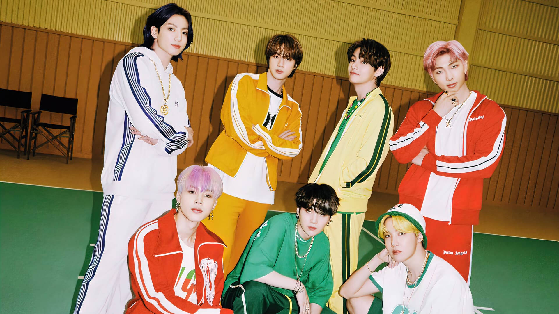 BTS 2021, green gym floor, wooden walls, Full HD Desktop Wallpaper