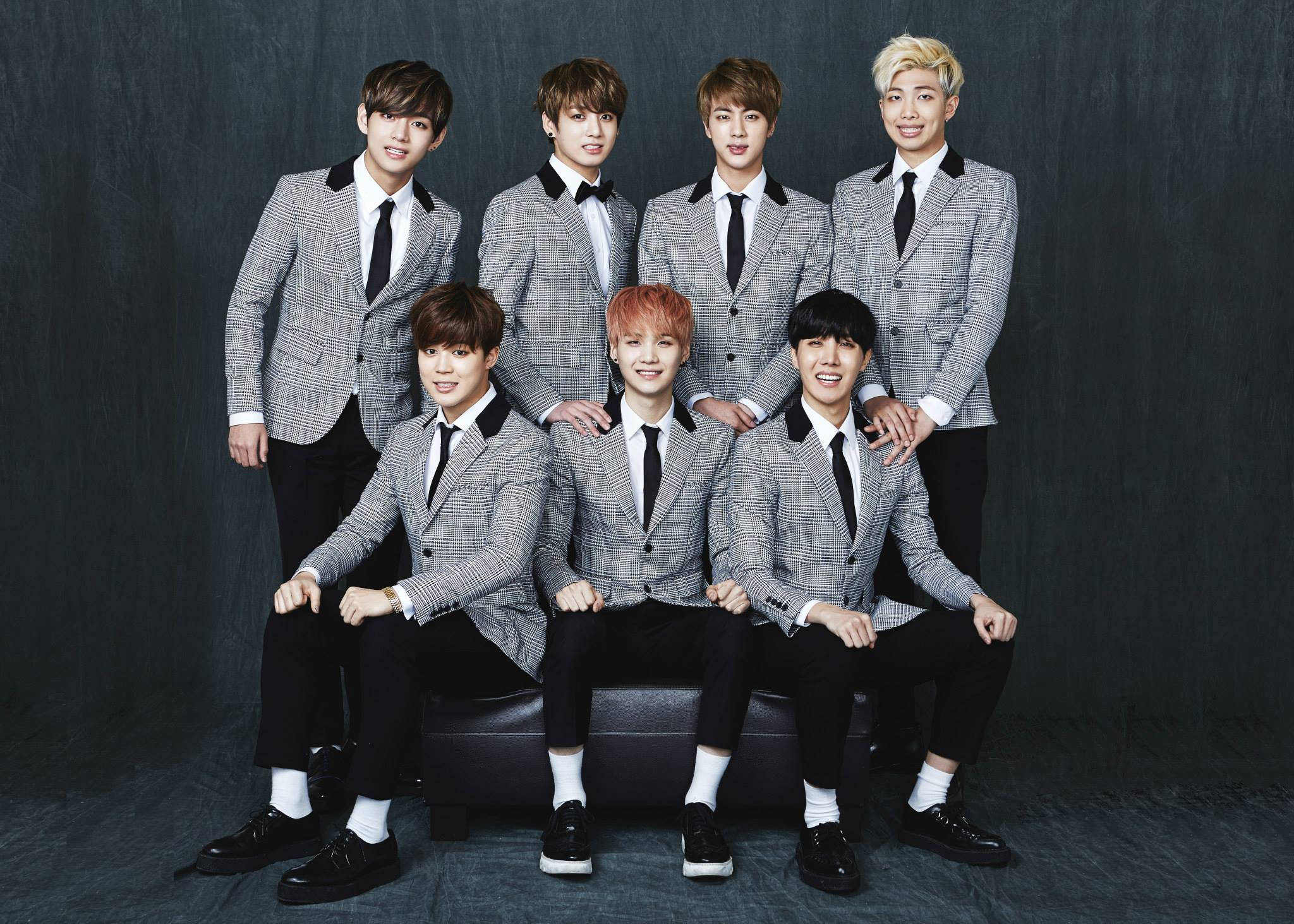BTS 2021, gray checkered suits, black bench, Full HD Desktop Wallpaper