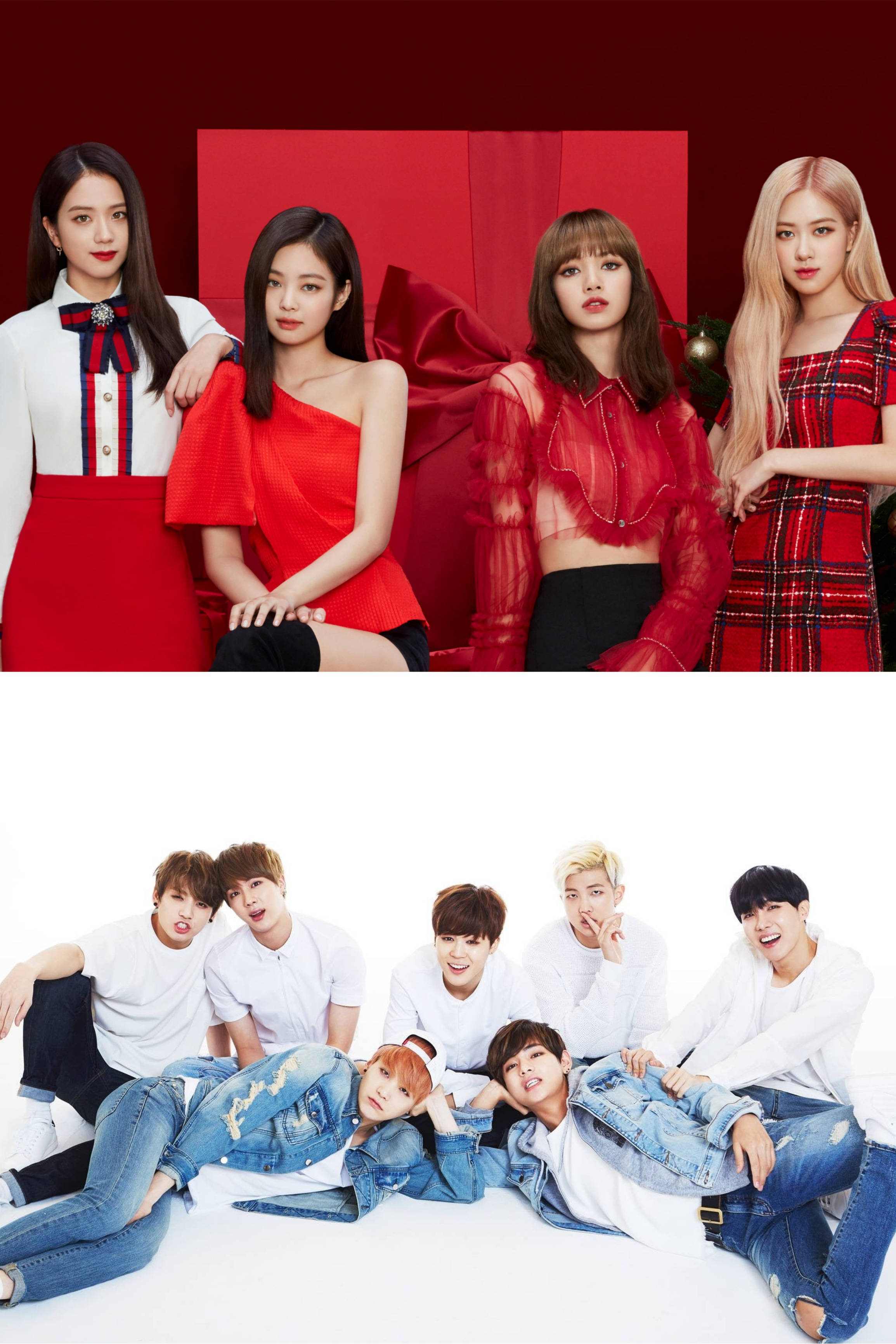 BTS, Blackpink, red outfits, 2K Phone Wallpaper