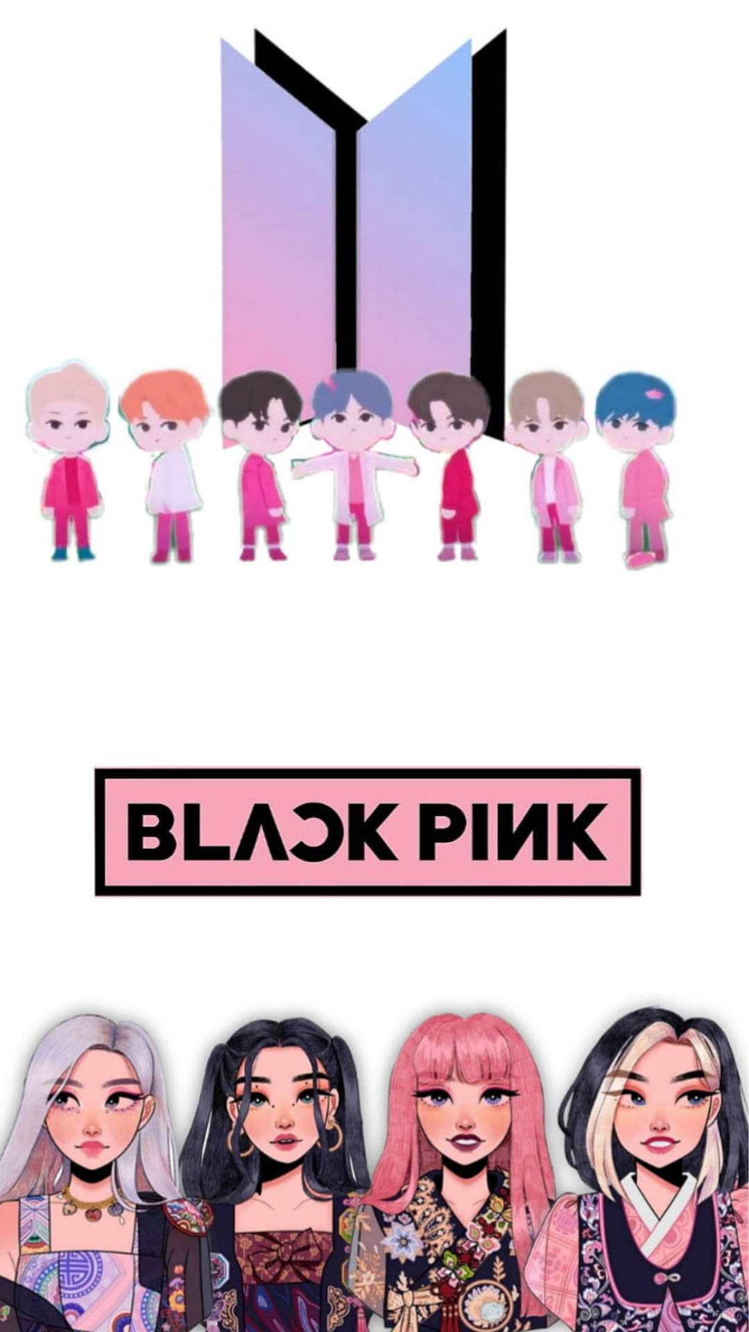 BTS, BLACKPINK, chibi-style, Full HD Phone Wallpaper