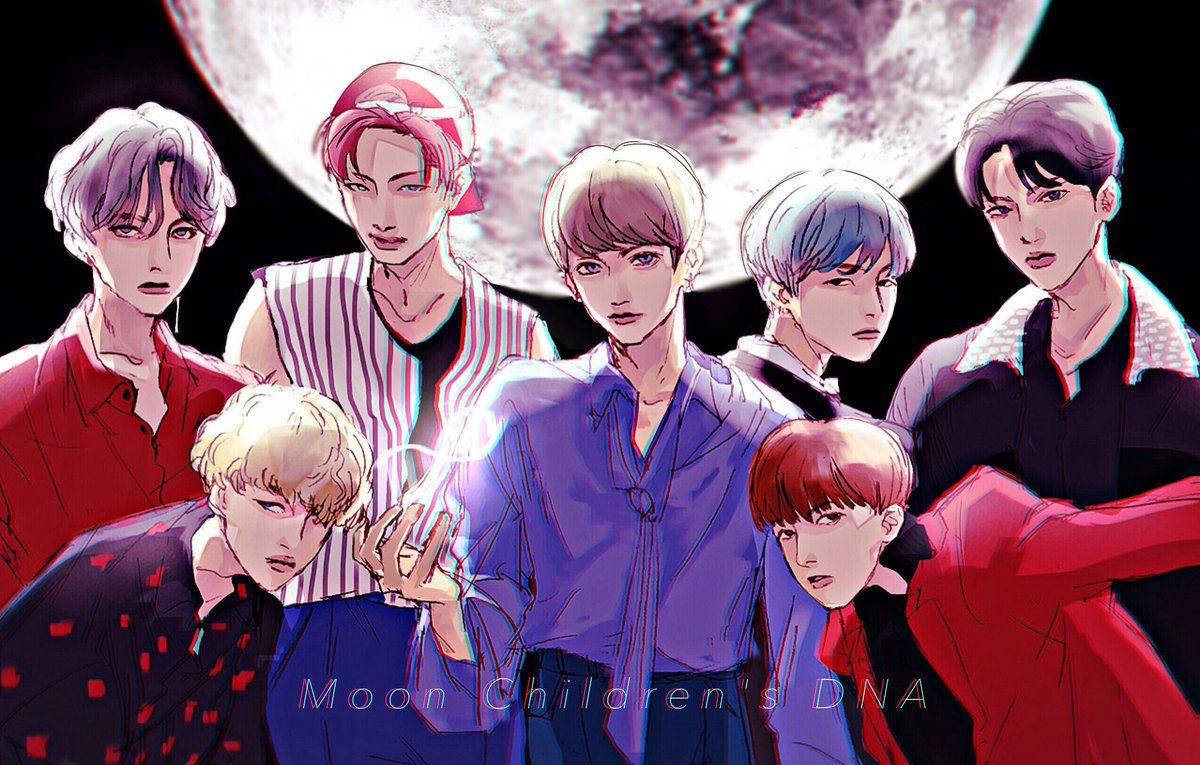BTS Anime, moon, anime-style male figures, SD Desktop Wallpaper