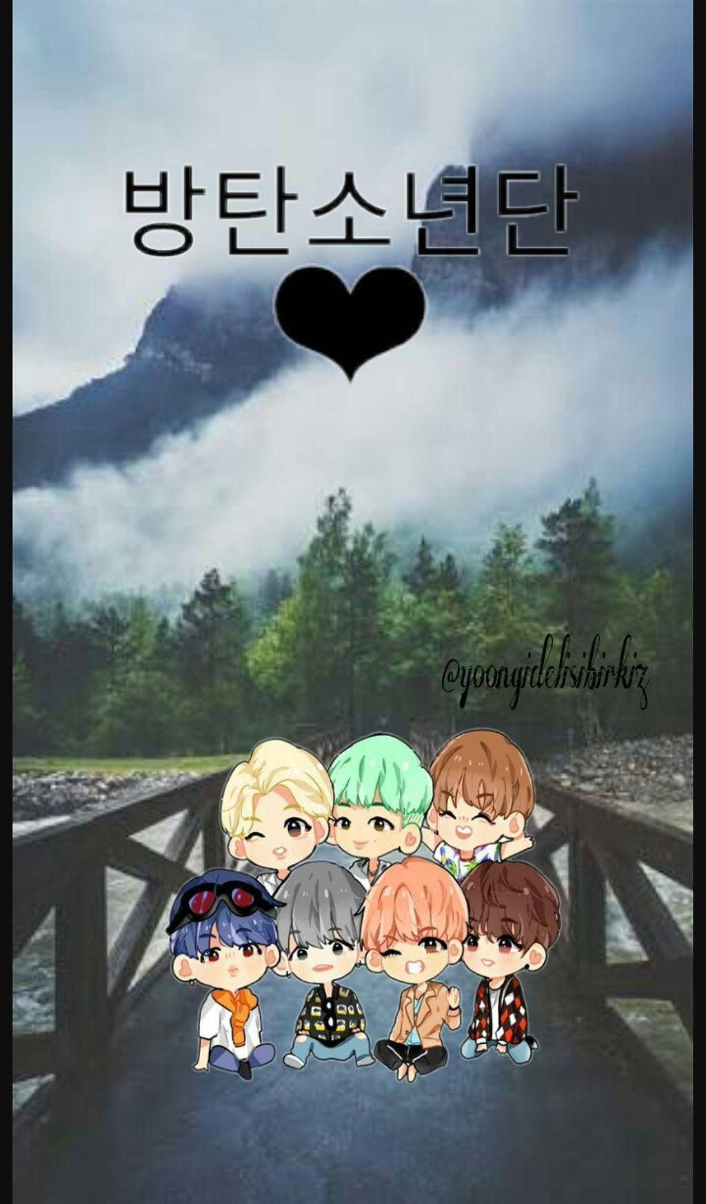 BTS, chibi-style, wooden bridge, HD Phone Wallpaper