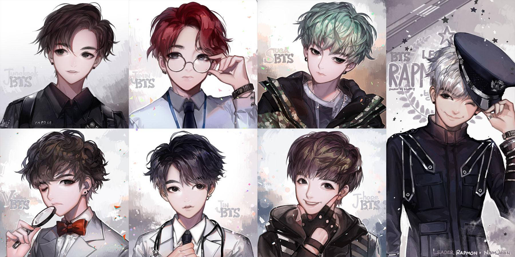 BTS Anime, anime-style male characters, varied hair colors, HD Desktop Wallpaper