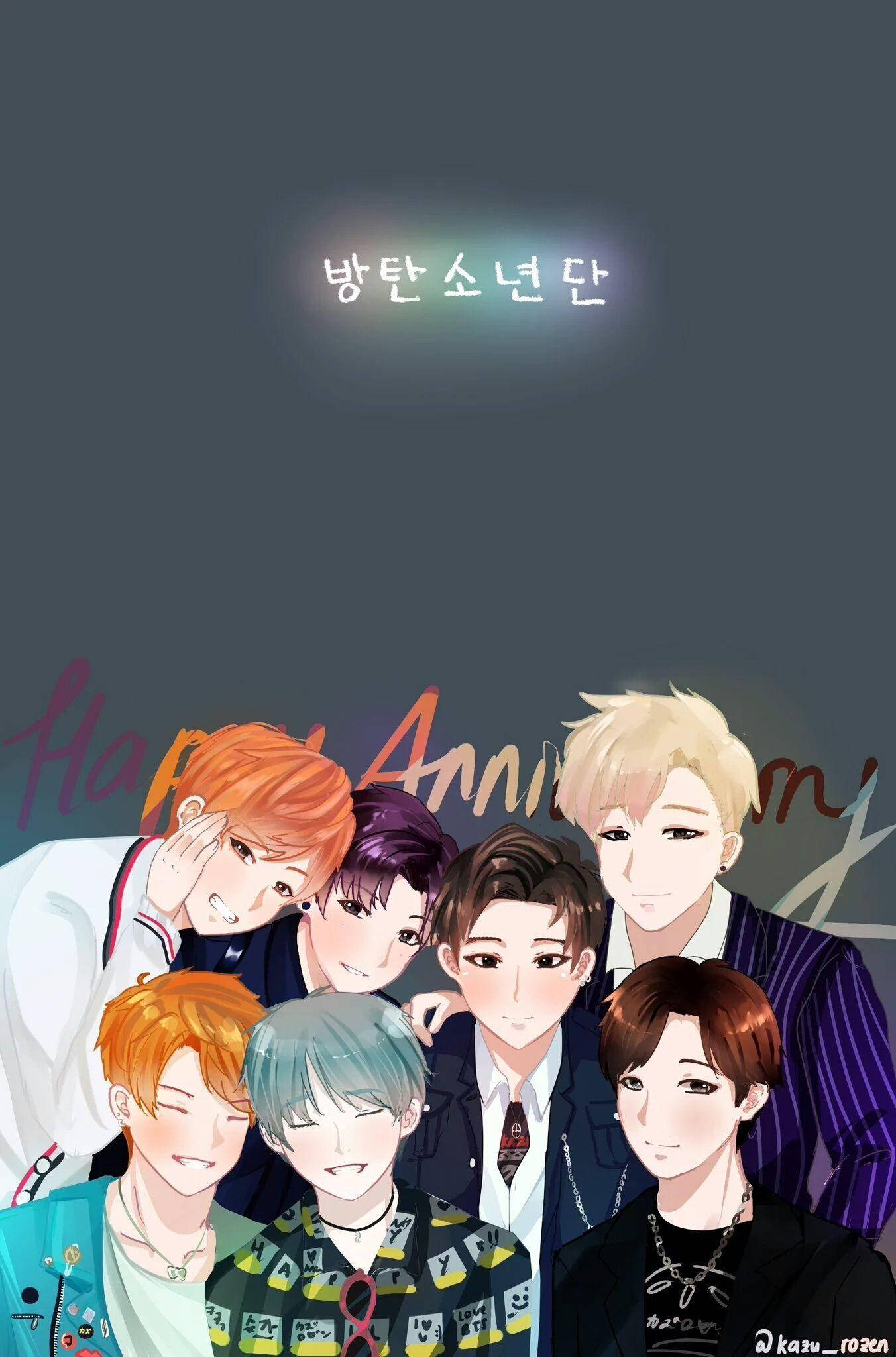 BTS Anime, anime-style male idols, colorful hair, Full HD Phone Wallpaper