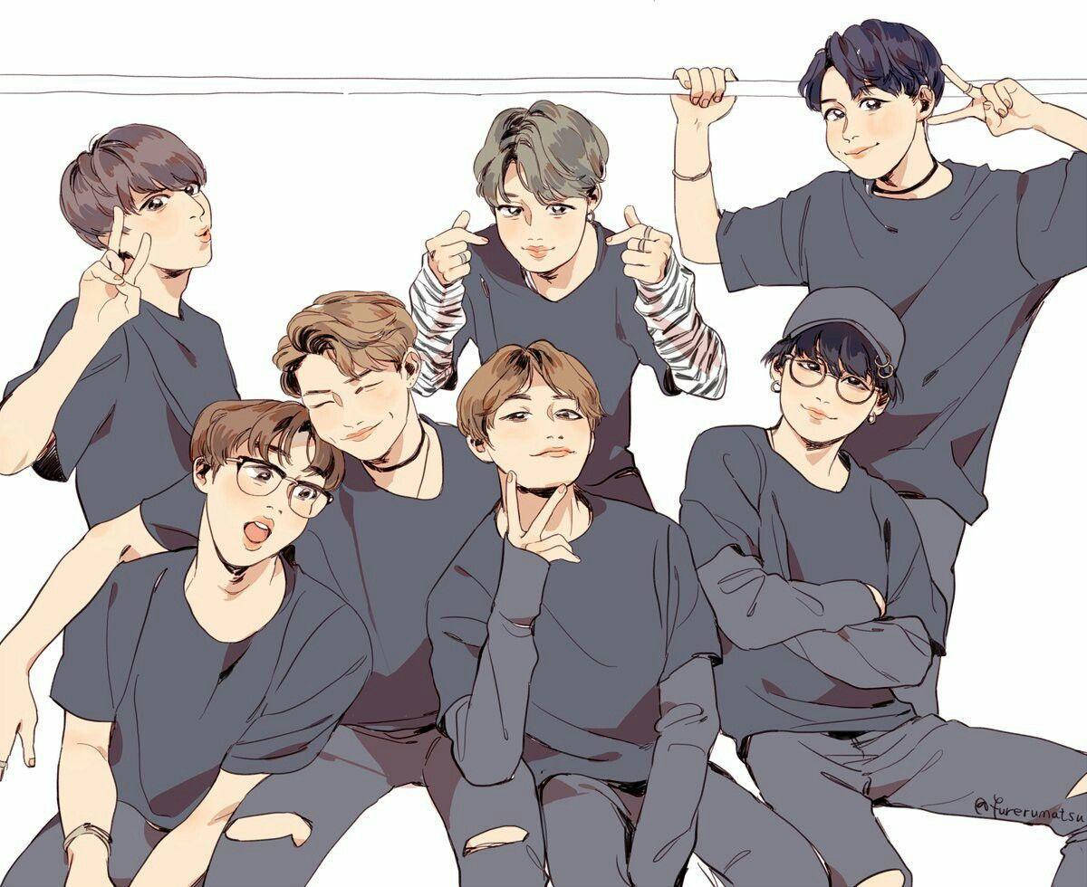 BTS Anime, gray shirts, seven anime-style boys, SD Desktop Wallpaper