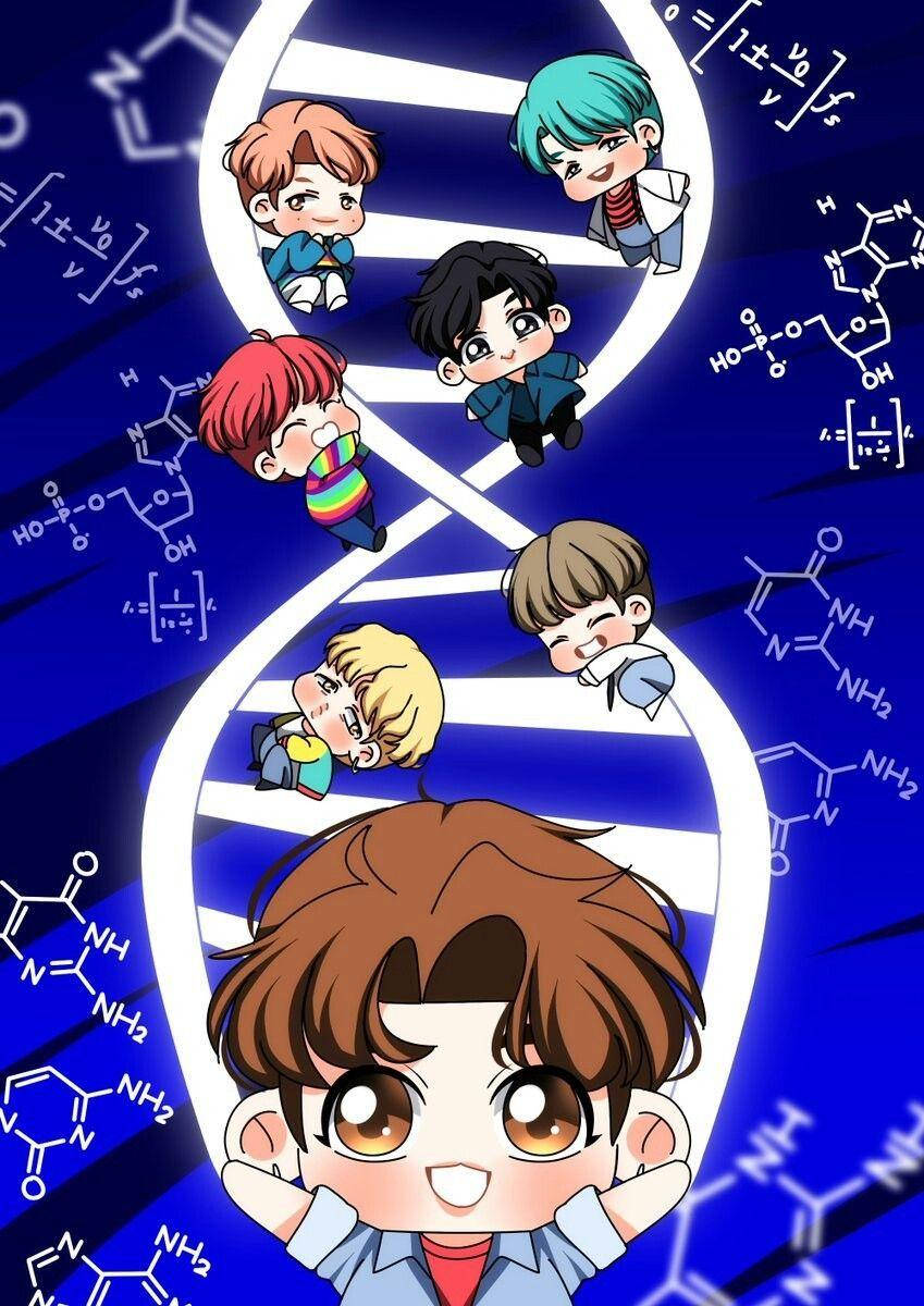 BTS Anime, DNA strand, chibi anime boys, SD Phone Wallpaper
