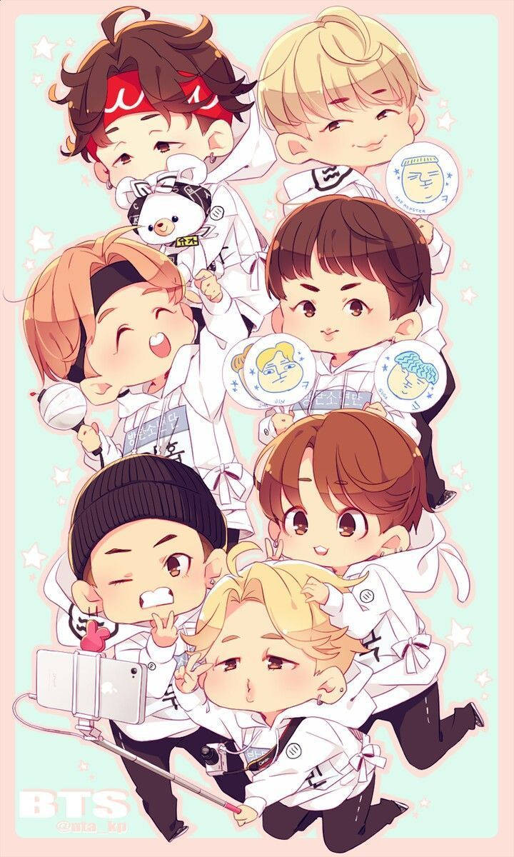 BTS, chibi-style, white outfits, SD Phone Wallpaper