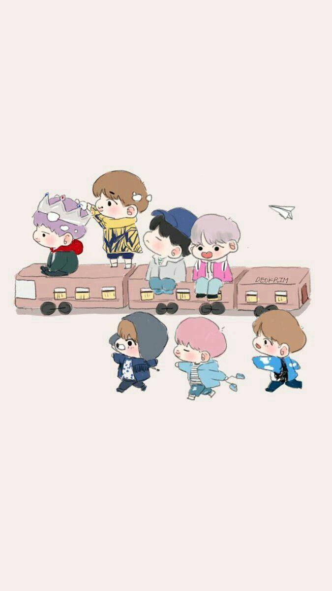 BTS Anime, chibi style, seven chibi-style cartoon boys, SD Phone Wallpaper