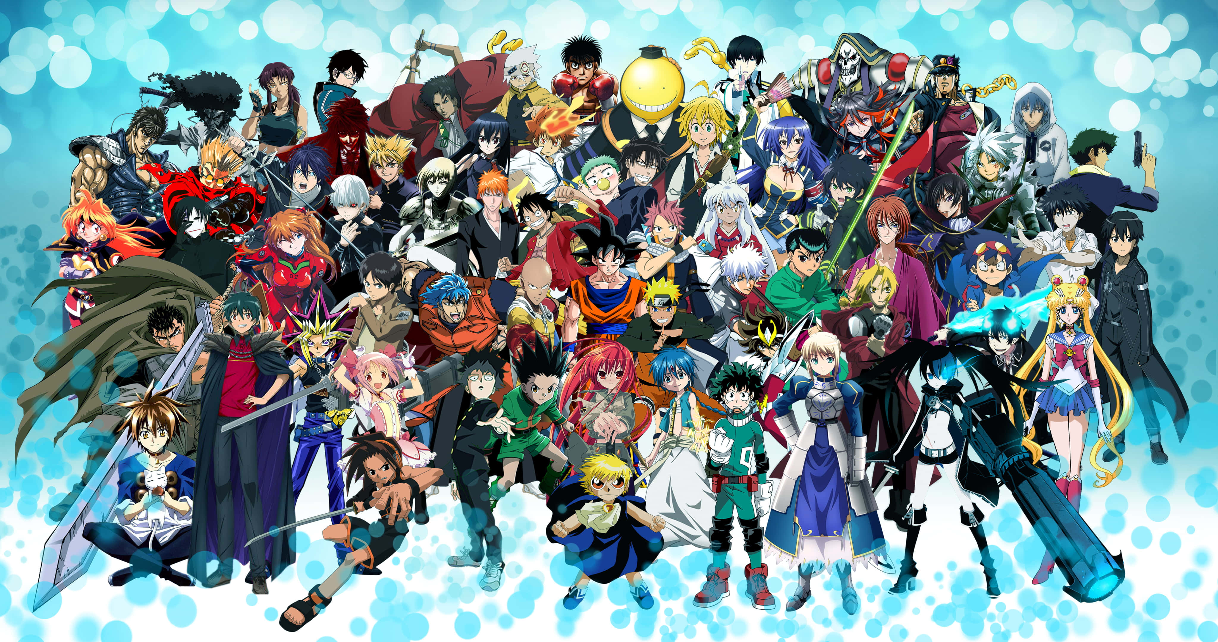 anime all characters hd, bokeh design, sparkling blue background, 4K Desktop Wallpaper