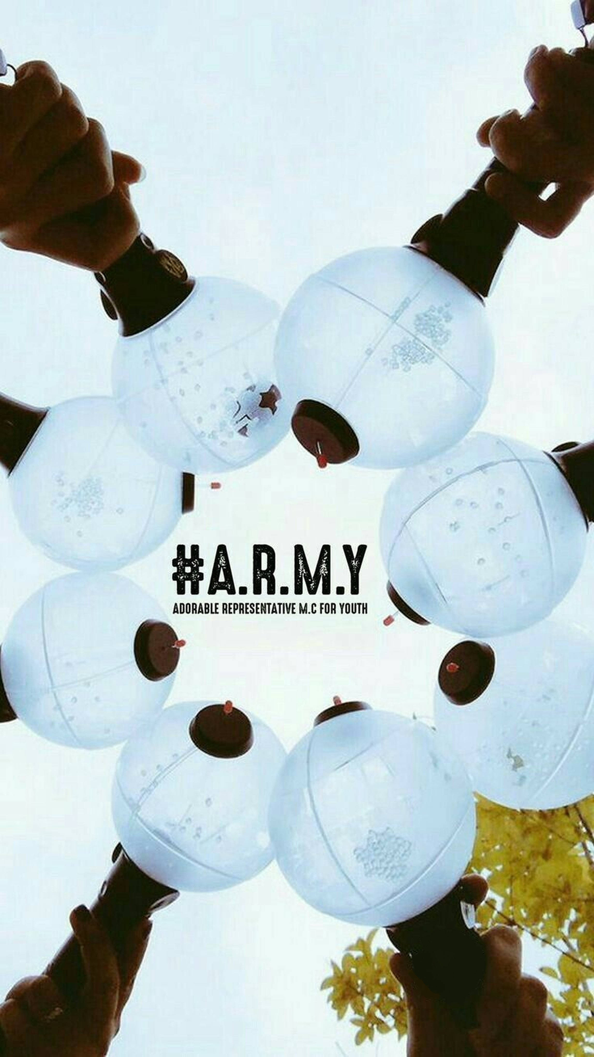 BTS Army Bomb, glowing white lanterns, bright sky, 4K Phone Wallpaper