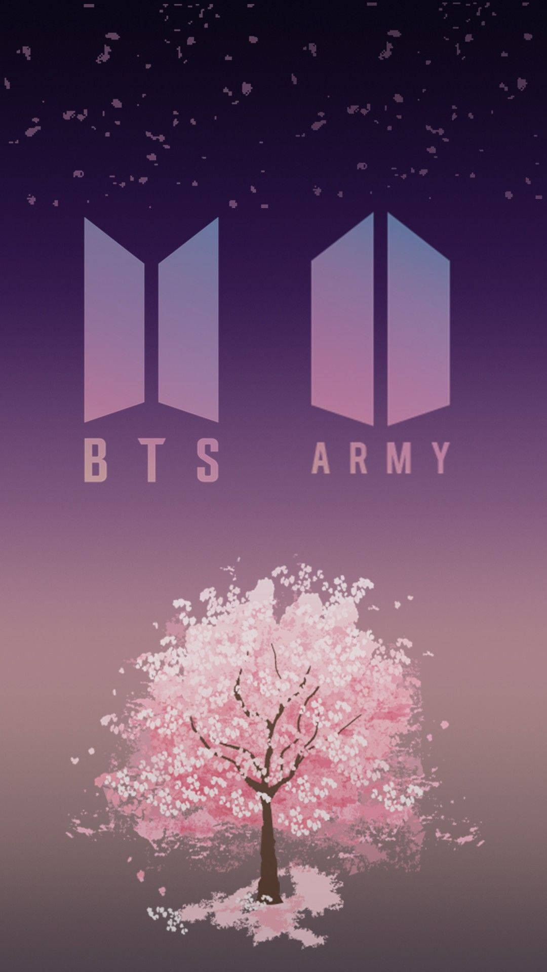 Cherry Blossom Tree, BTS Army logo, gradient purple sky, Full HD Phone Wallpaper