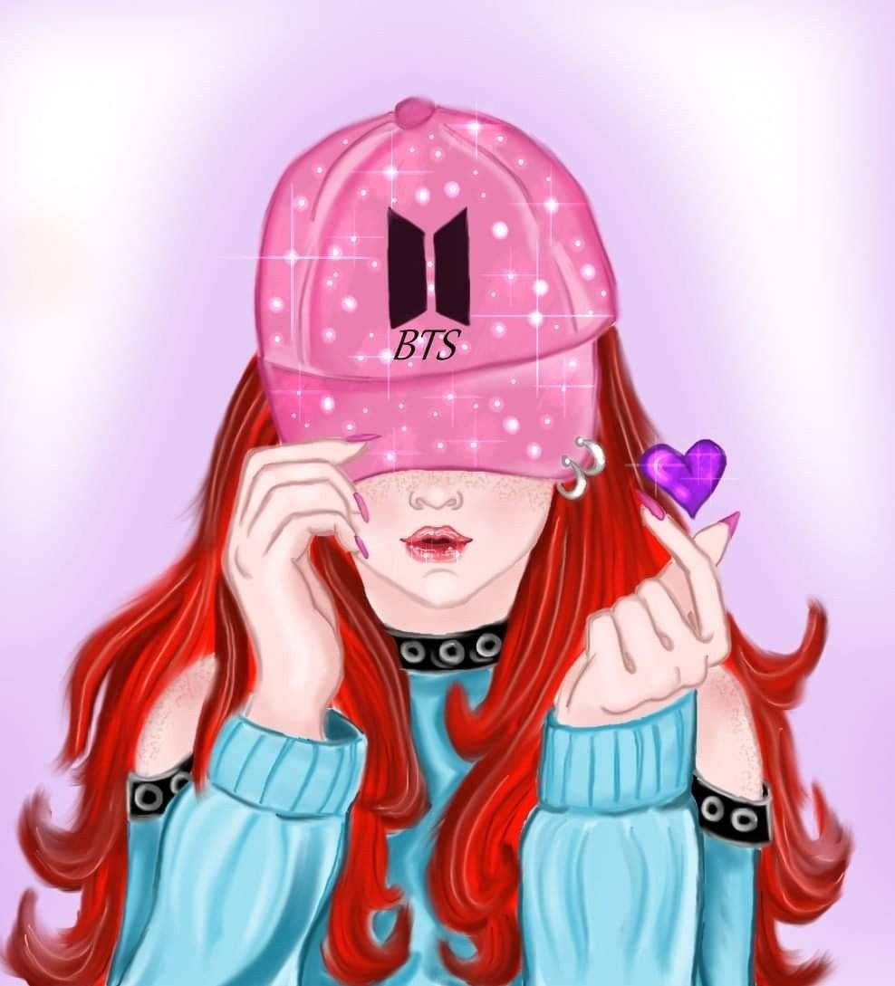 BTS Army Girl, pink BTS cap, red hair, SD Phone Wallpaper