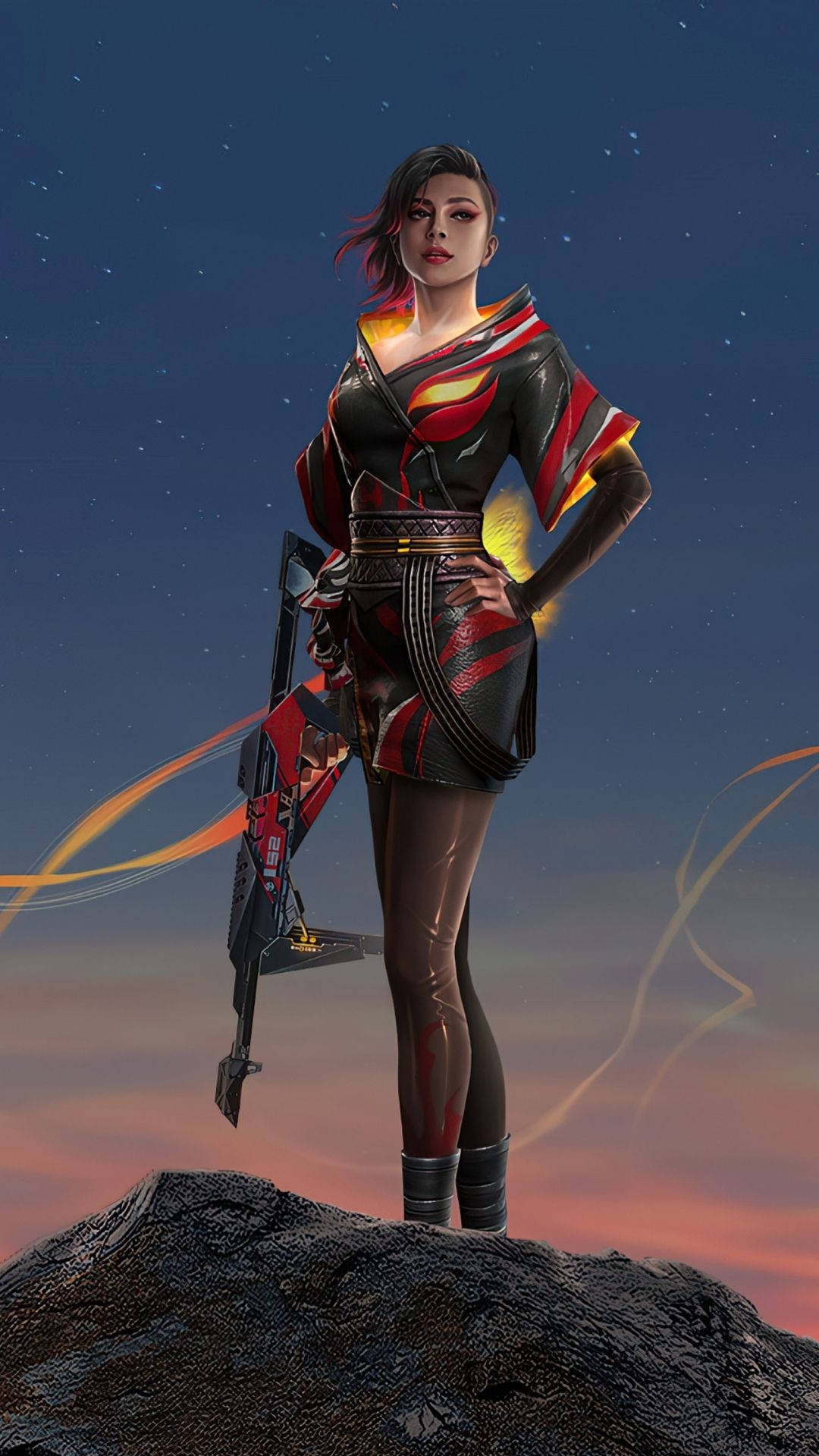 Army Fire Girl, red and black armor, rocky peak, Full HD Phone Wallpaper