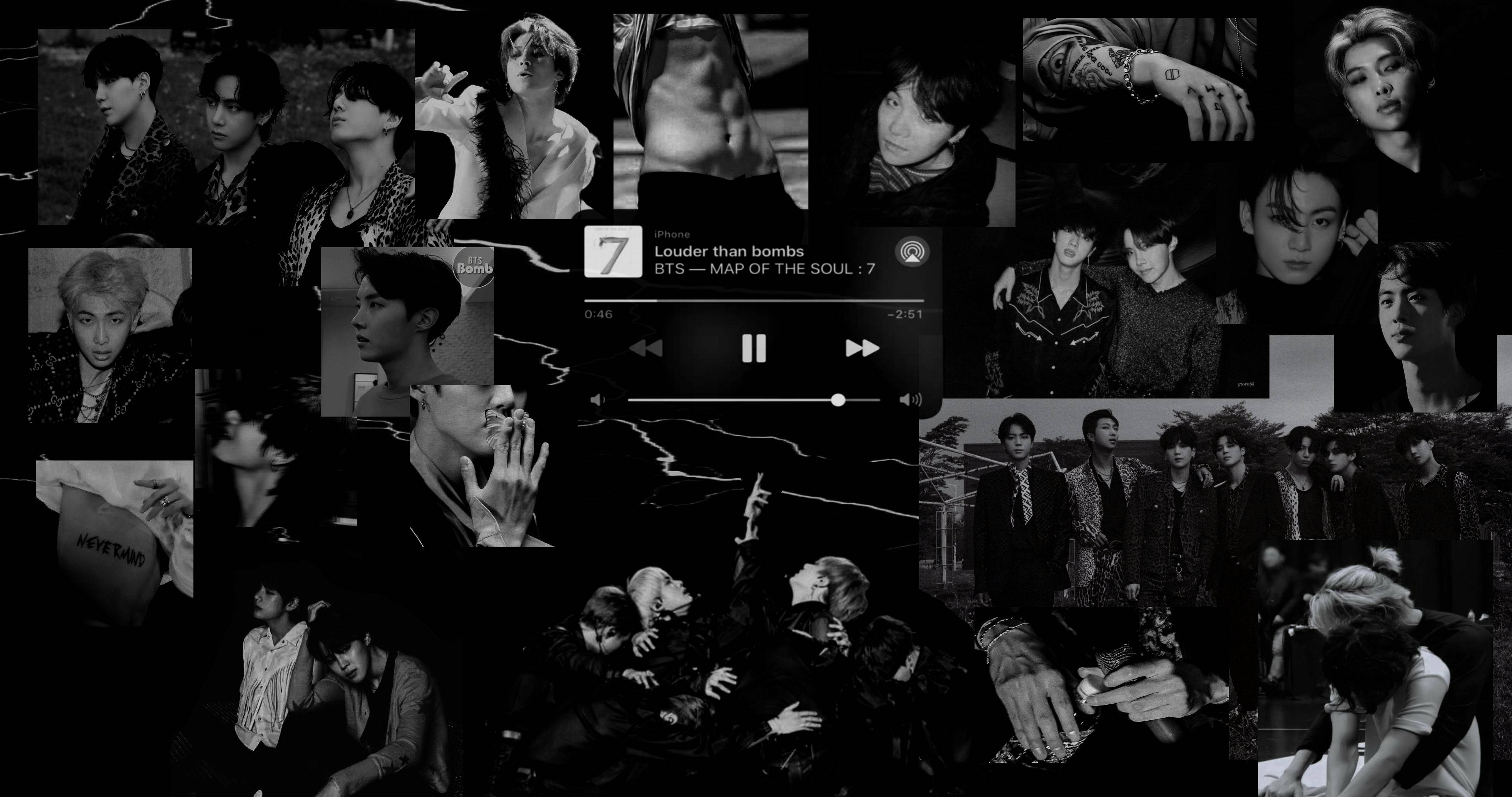 BTS, Loudner than bombs, black and white collage, 4K Desktop Wallpaper