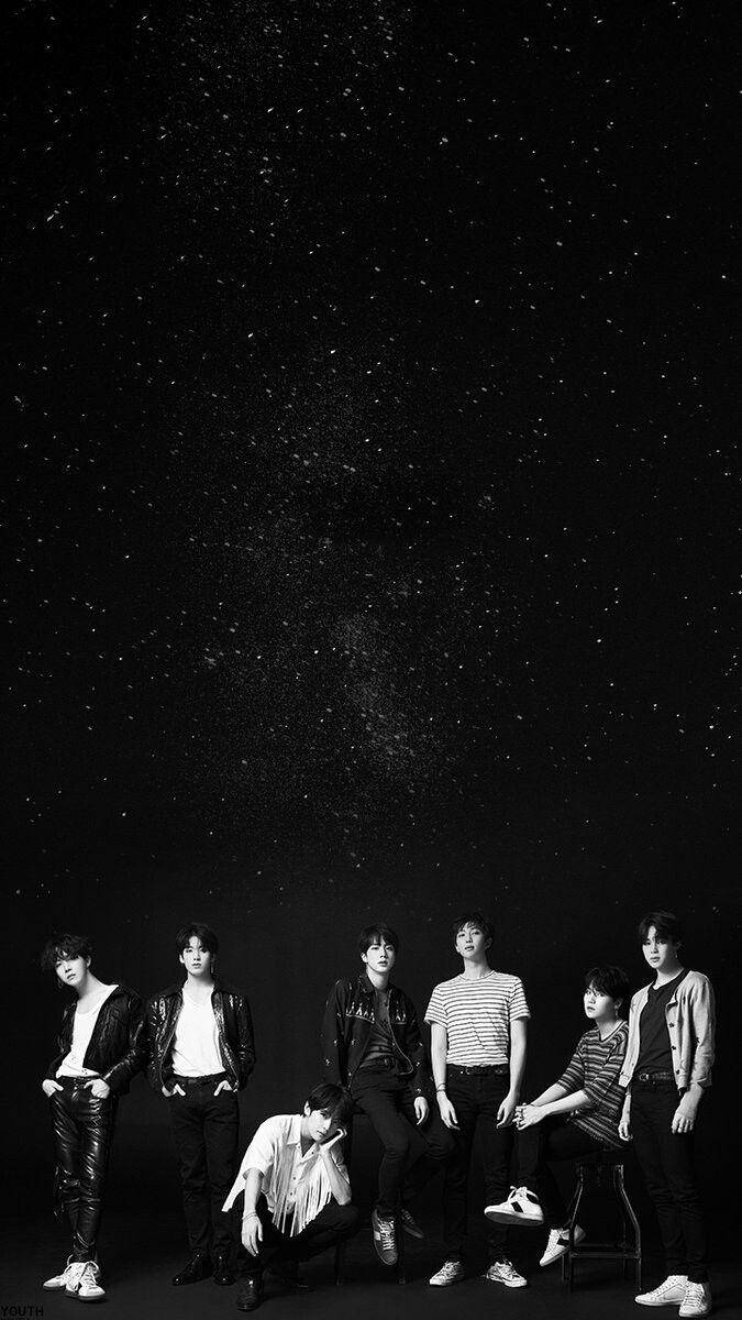 Bts Black Stars, starry night sky, black and white portrait, SD Phone Wallpaper