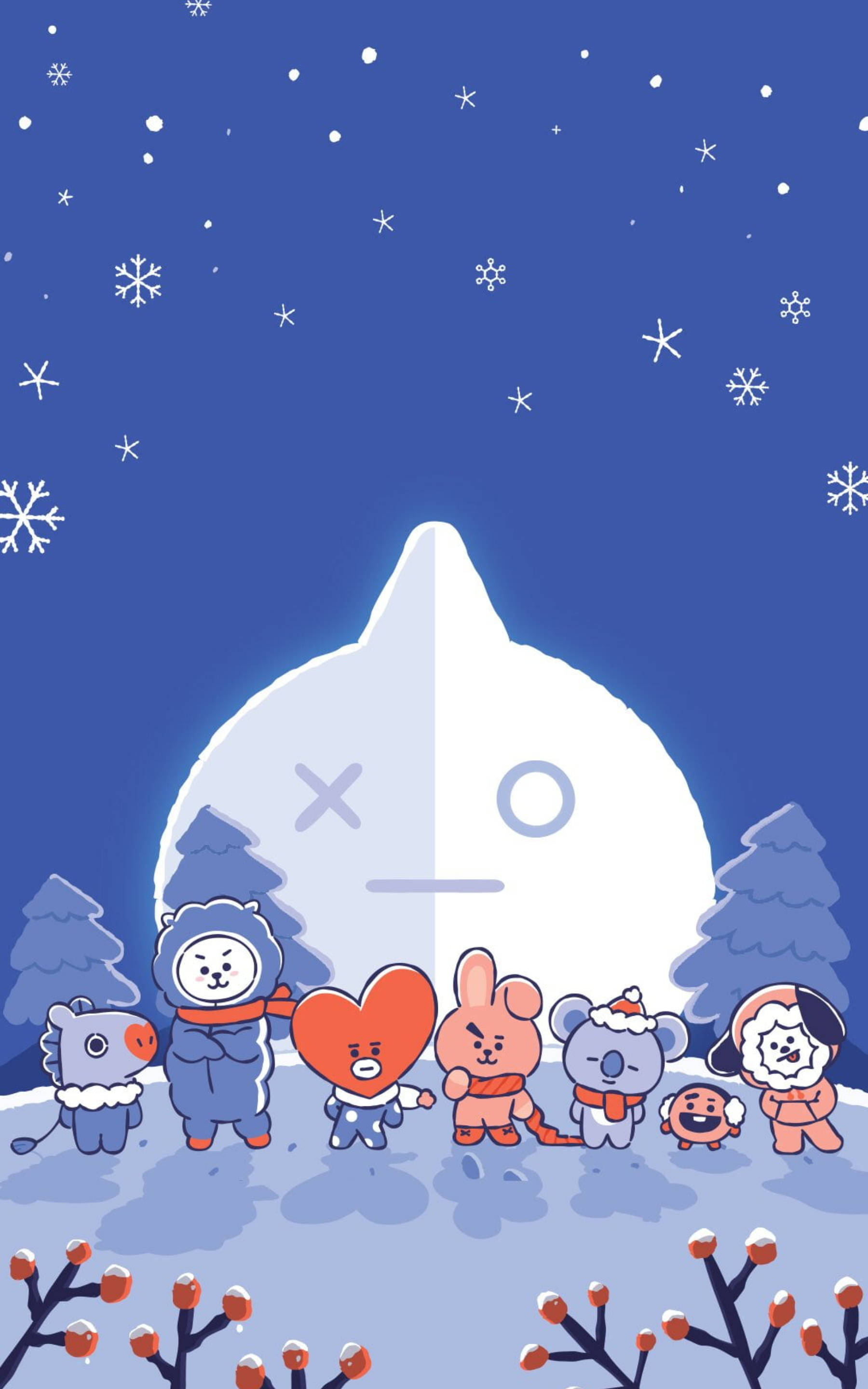 BTS BT21, winter gear, giant snowman, 2K Phone Wallpaper