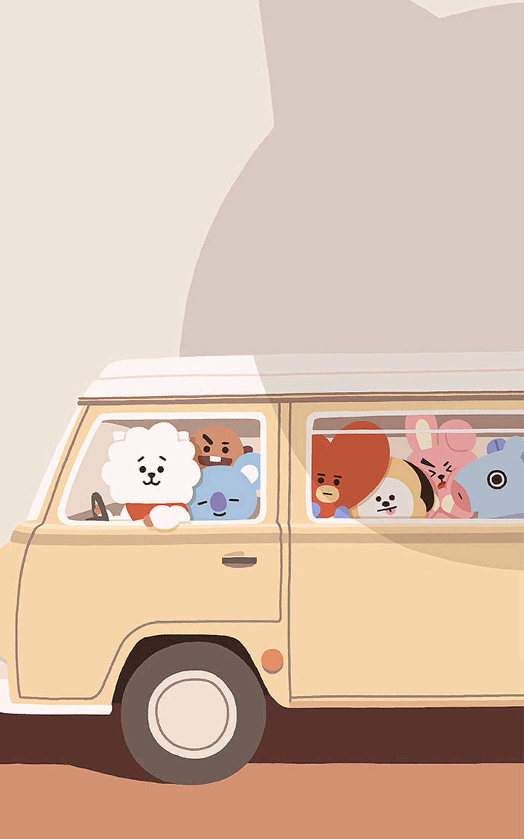 BTS BT21, car ride, beige van, 2K Phone Wallpaper