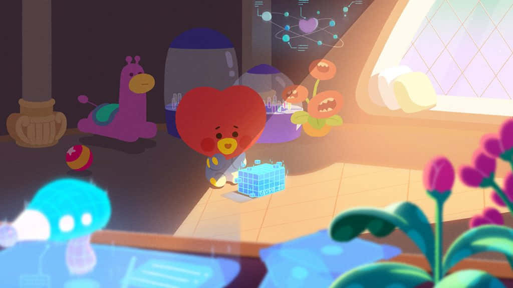 Bt21, red heart-shaped character, blue cube, SD Desktop Wallpaper