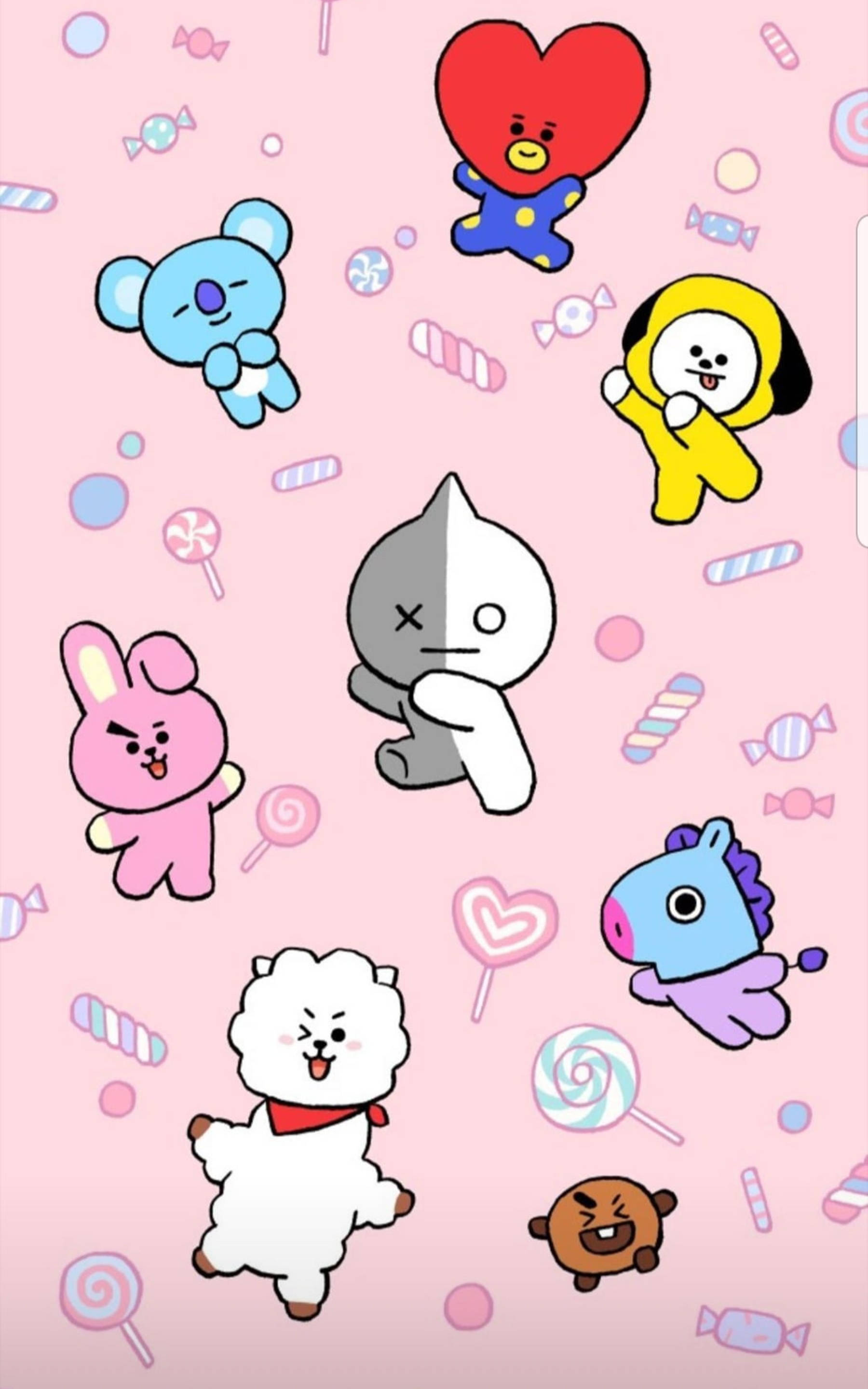 BTS BT21, candy swirls, hearts, 2K Phone Wallpaper