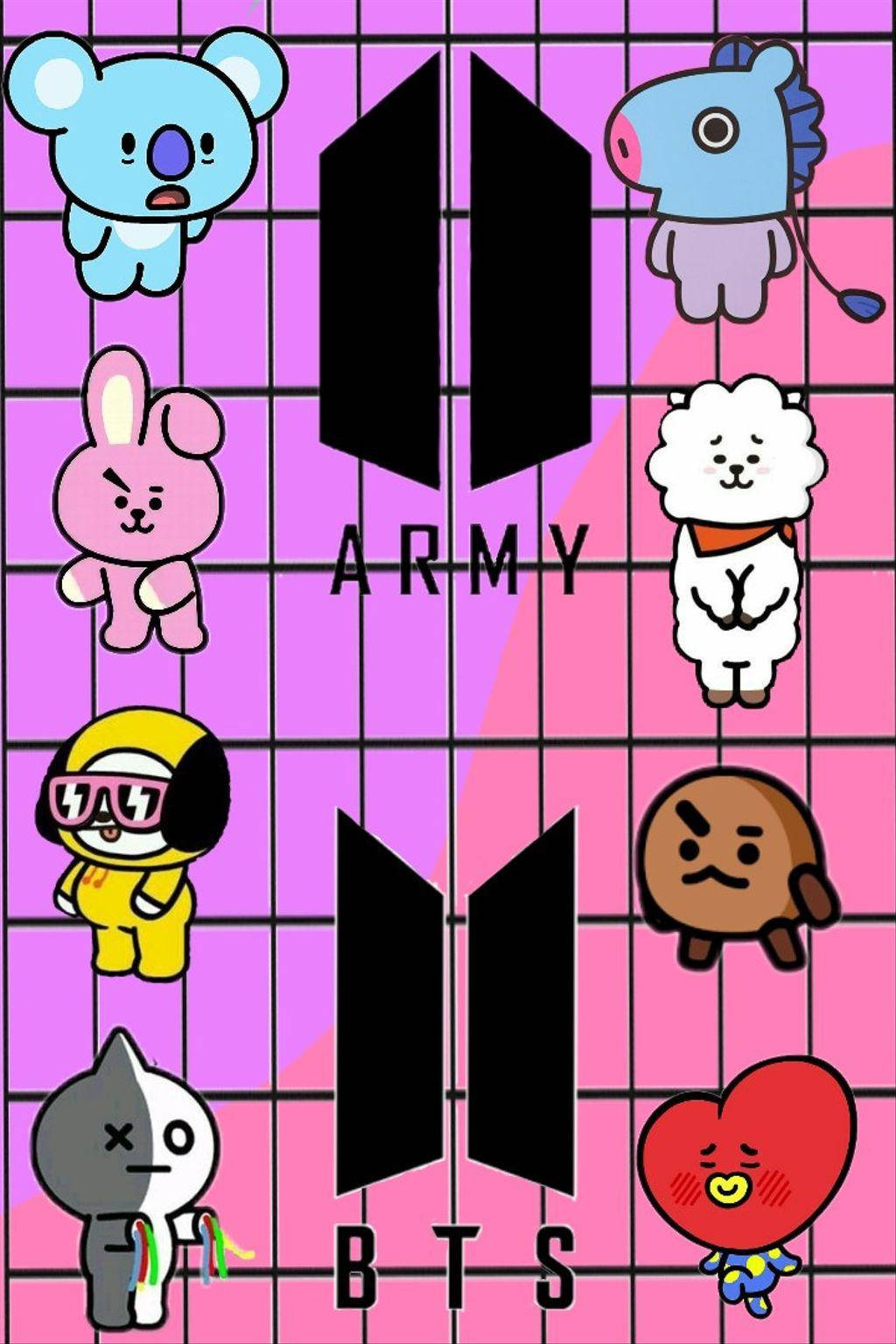 BTS BT21, BTS logo, pink grid background, HD Phone Wallpaper